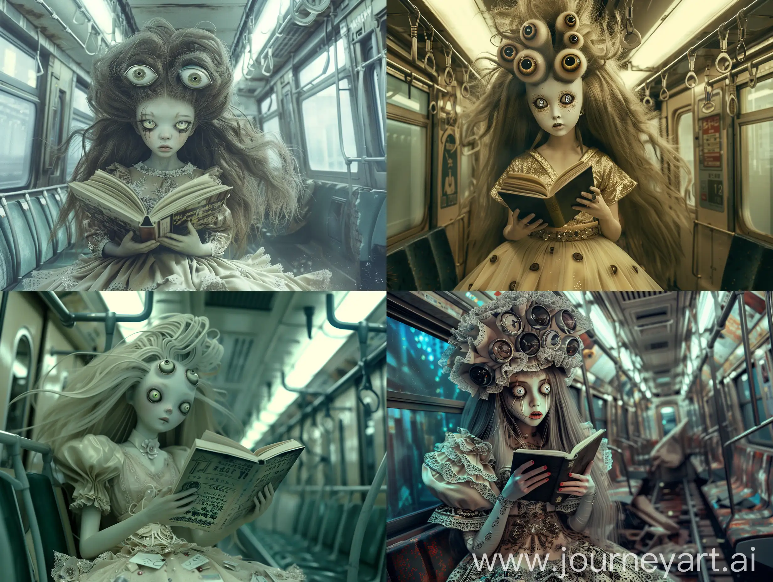 cinematic, realism, Using (((imagination))) to craft a photorealistic representation of an unusual fantasy dream, Cinematic shooting techniques and shooting angles, use midium-angle lens, top-shot. photorealistic representation of an unusual fantasy dream, Describing yokai (((A girl in a fashionable dress, elegant, with long hair, a big head, and eyes all over her face, reading a book))) Inside a Tokyo subway train late at night, Amazing, shocking, Mysterious, Contrasty, ivory colors, Memphis, The image should capture every detail of the yokai and the ruins with UHD 8K clarity, reminiscent of a cinematic scene, vivid and lifelike.