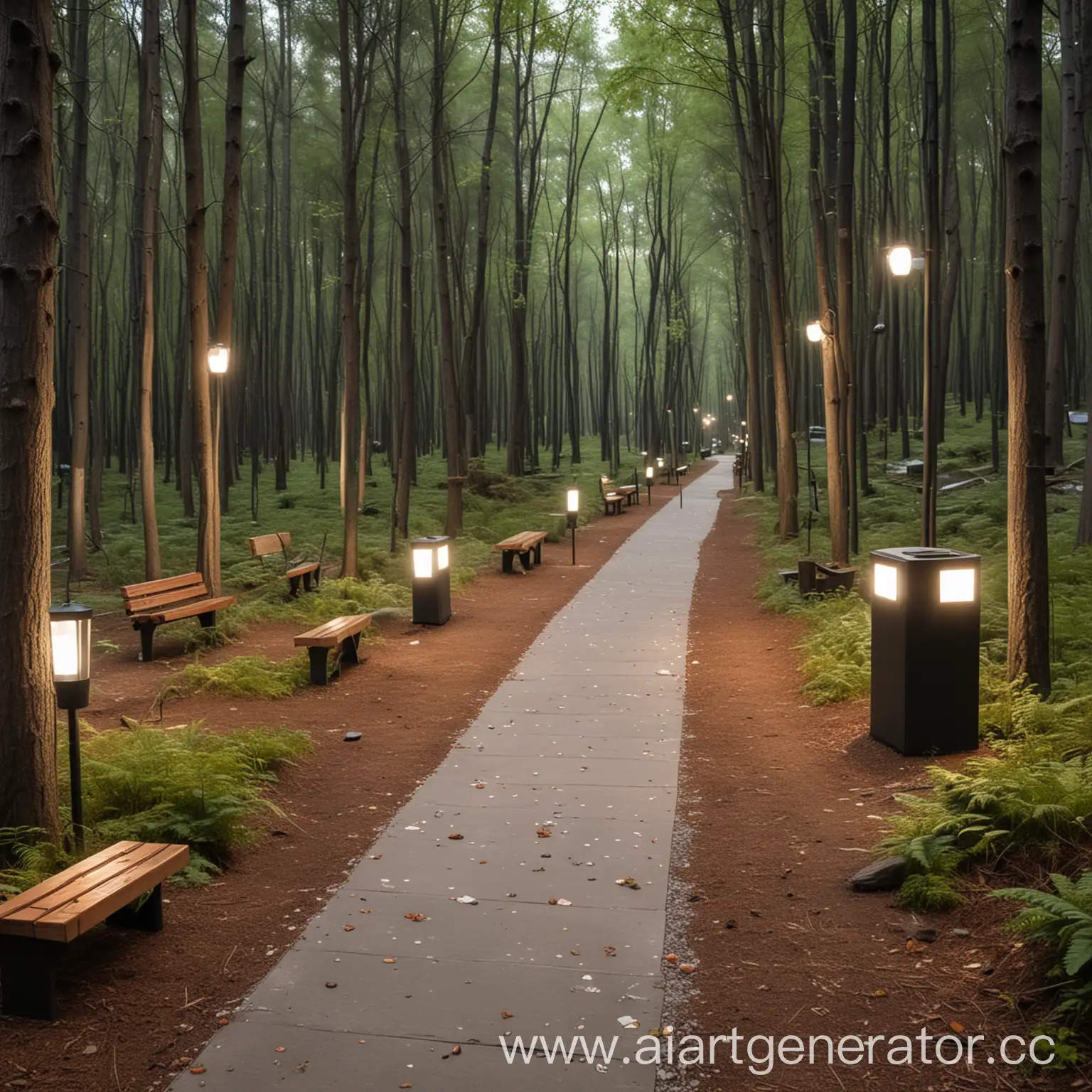 дизайн современная тропа в лесу с фонарями, лавочками, мусорками и камерами видео наблюдения 