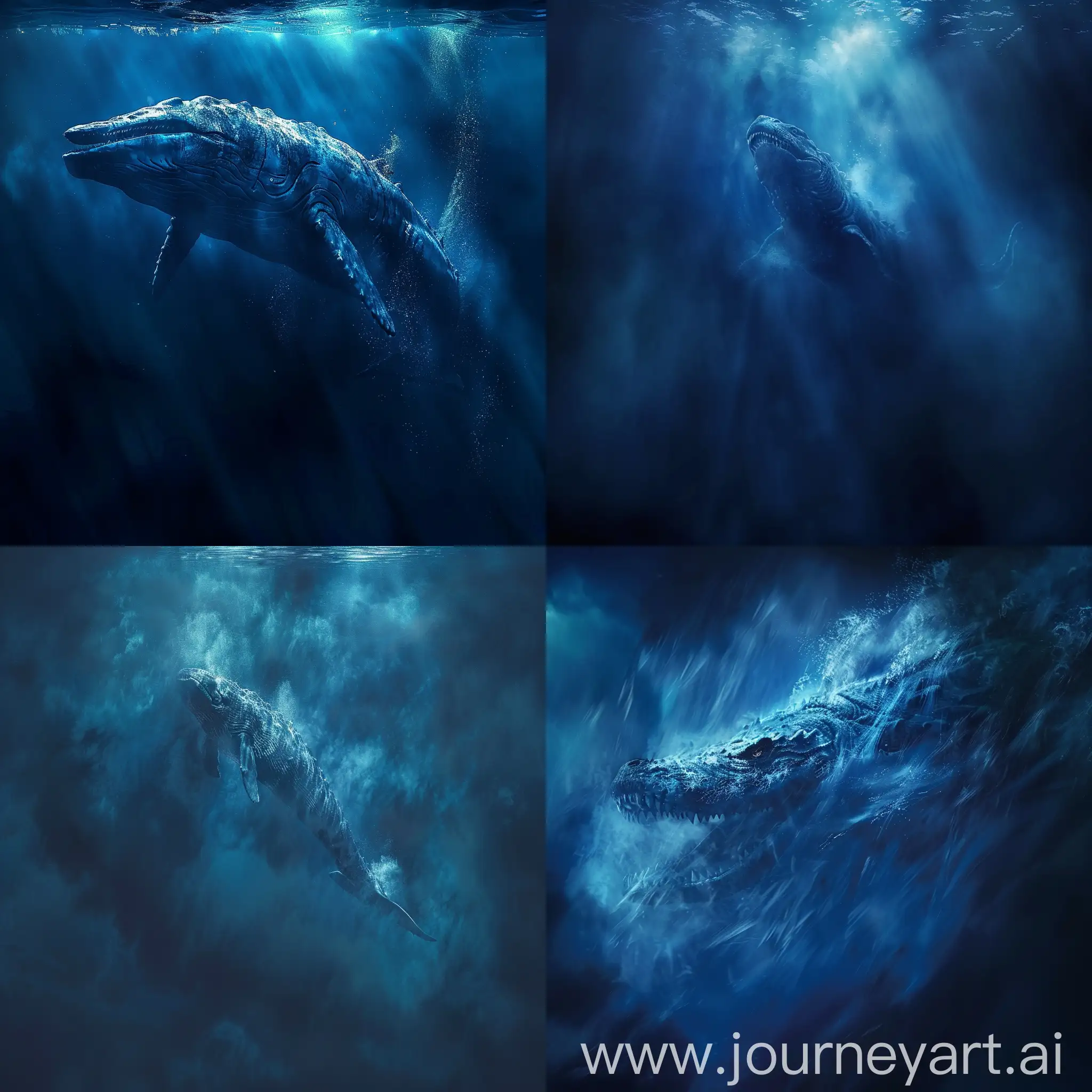 blue dark atmospheric drone image of a sea monster swimming in the ocean, the monster is so huge
