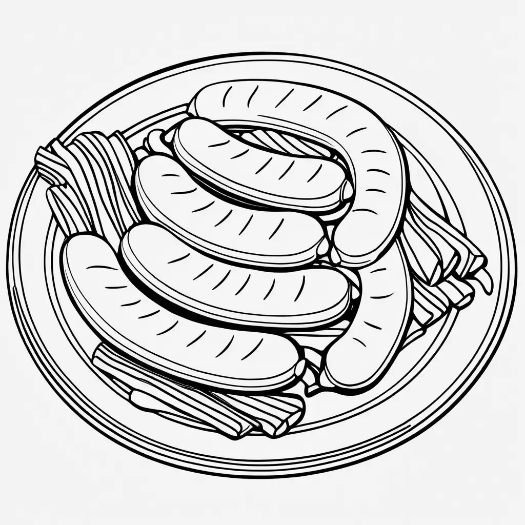 coloring page, links of sausage on a plate, black and white lines, easy pattern