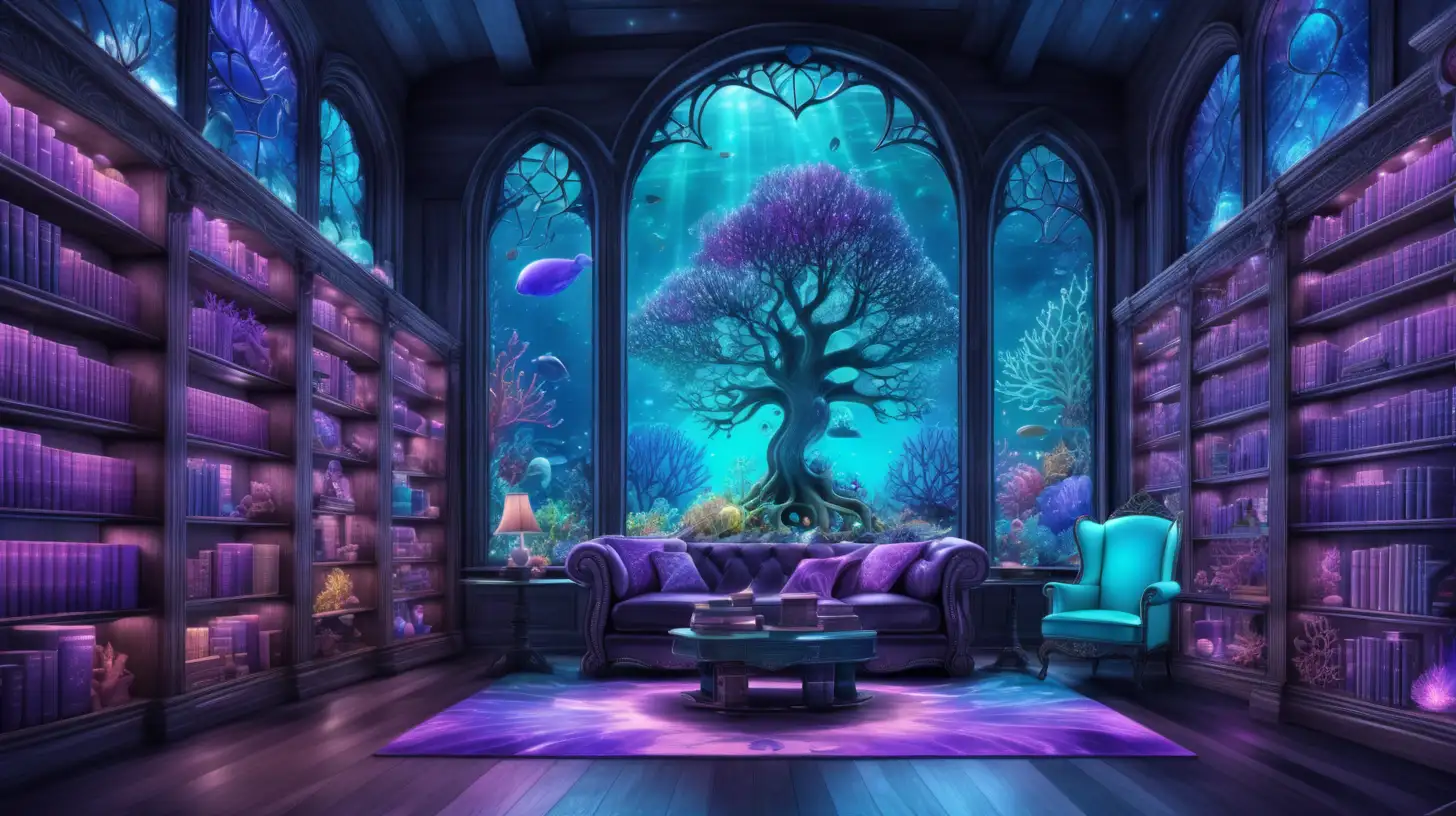 Magical Ocean Library with Giant Tree and Underwater Coral Garden