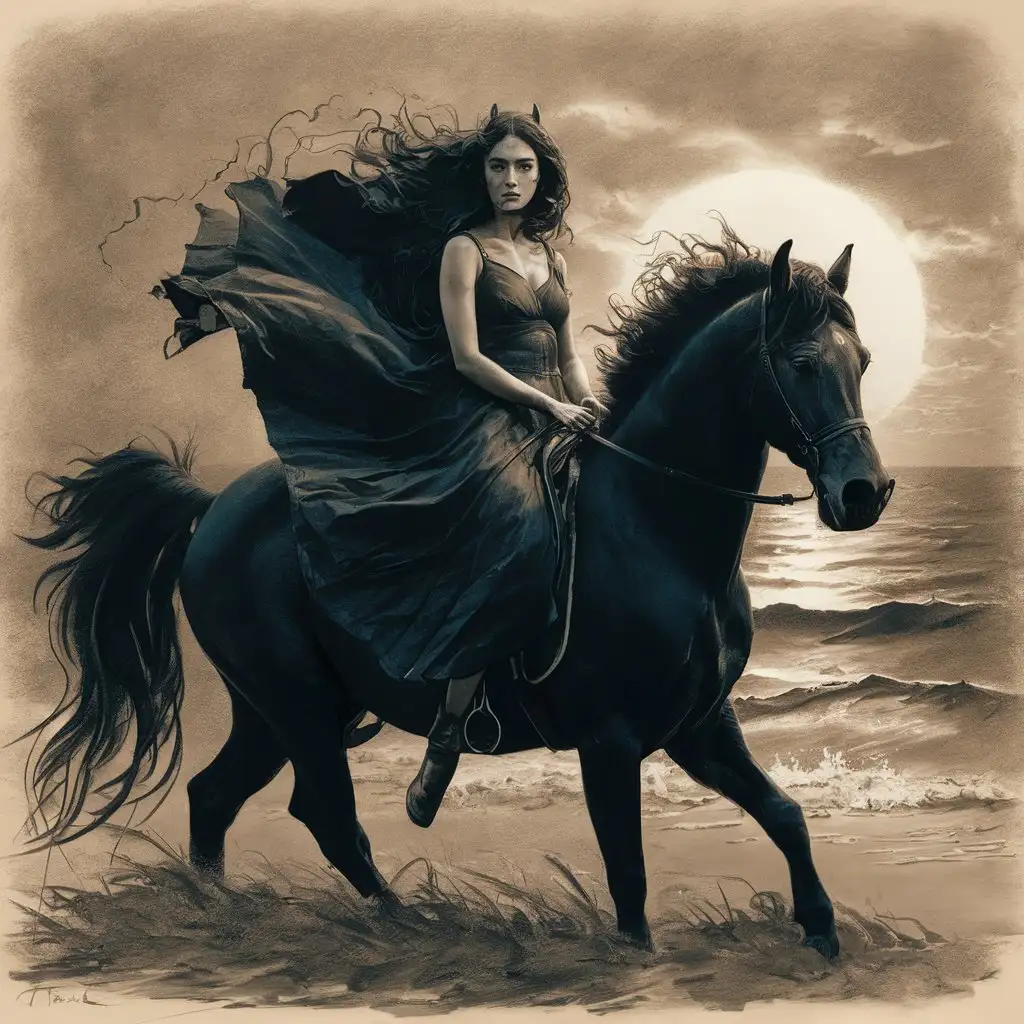 midnight female rider on a dark horse , charcoal, expressive, dramatic , beautiful, sensitive , the sea and the sun in the background 