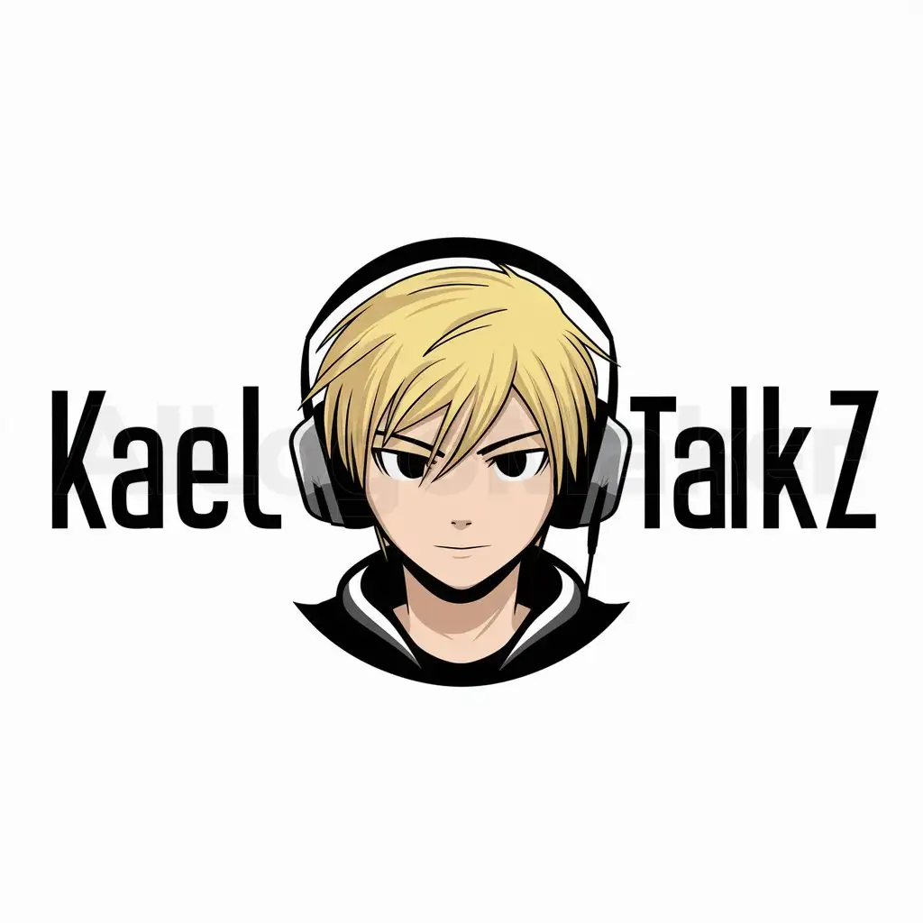 a logo design,with the text "KaelTalkz", main symbol:A Blonde boy with headphones on anime style,Moderate,be used in Entertainment industry,clear background