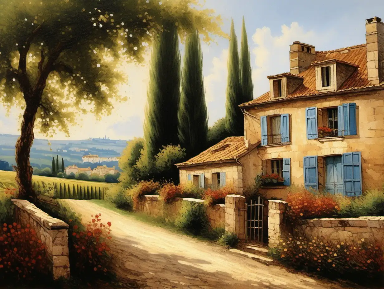 Tranquil French Countryside Landscape Painting with Lavender Fields and Rustic Farmhouses