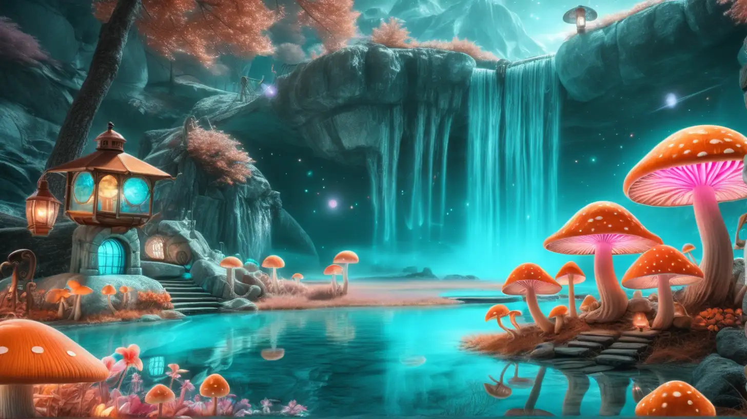 florescent fairytale Orange and Pink mushrooms in the daytime spring and a magical turquoise glowing lake and waterfall of luminescent flowers, planets and galaxies and vintage lantern