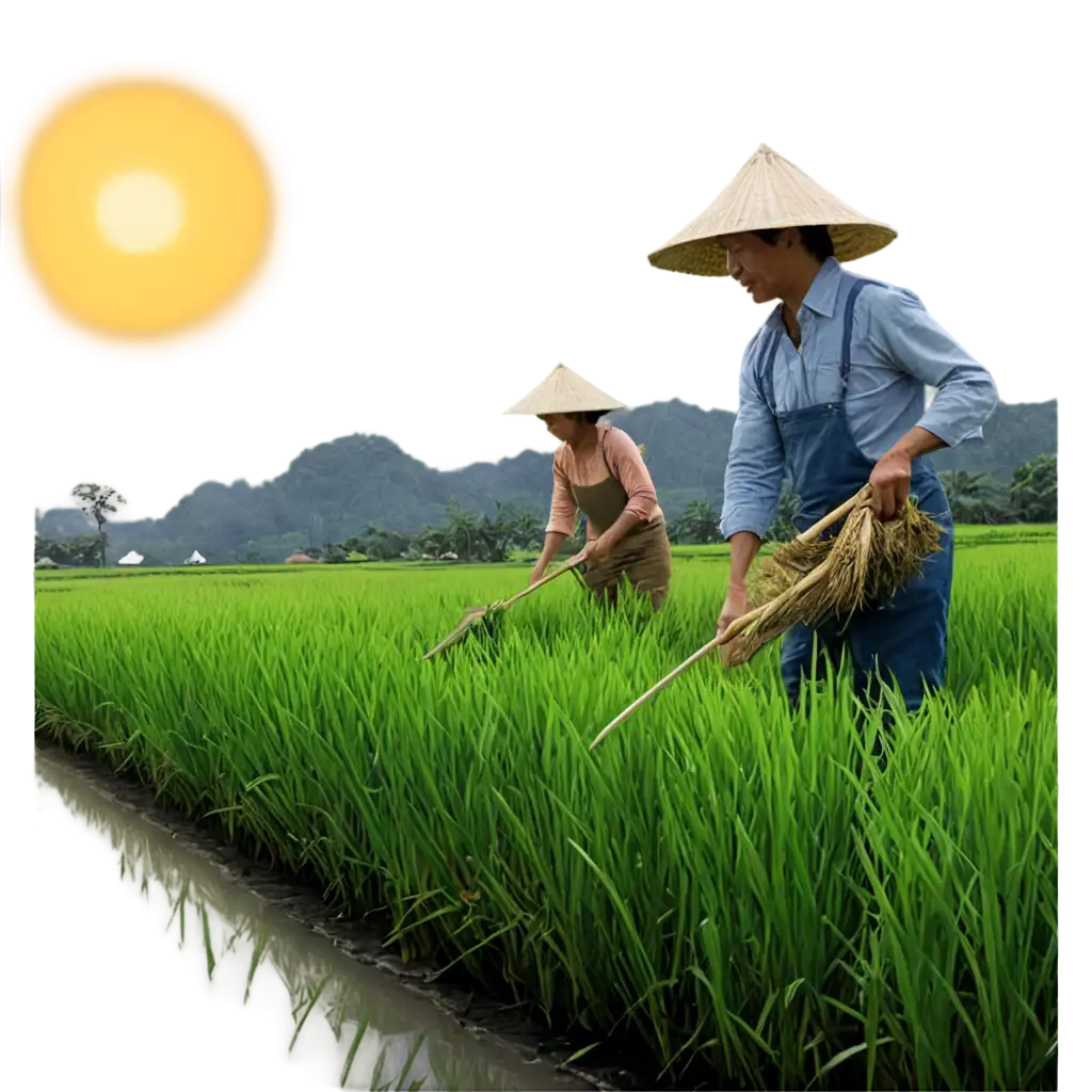 draw a picture of farmers harvesting in a rice field with beautiful sunshine