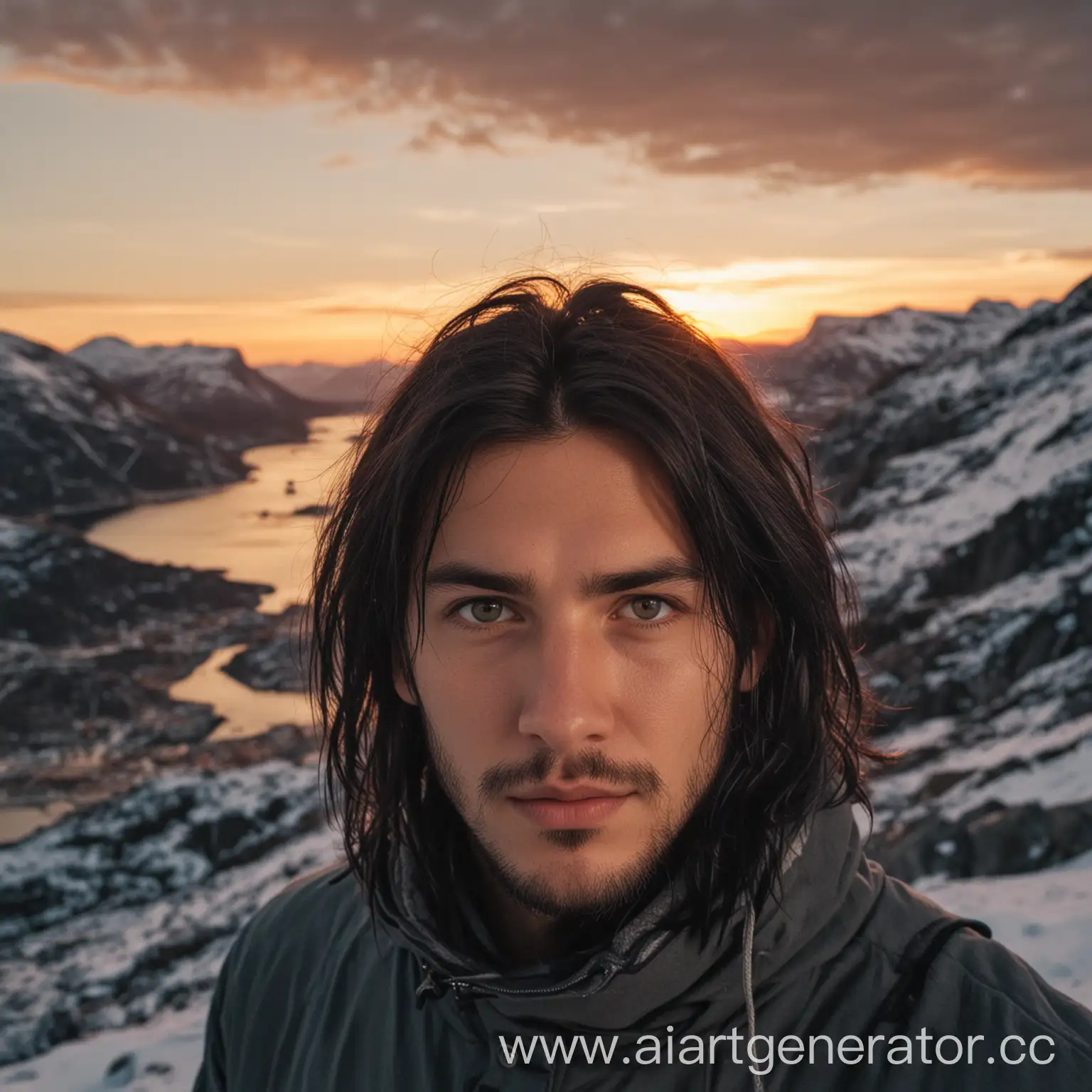 Norwegian-Man-with-Long-Black-Hair-Gazing-at-Sunset-Mountainside