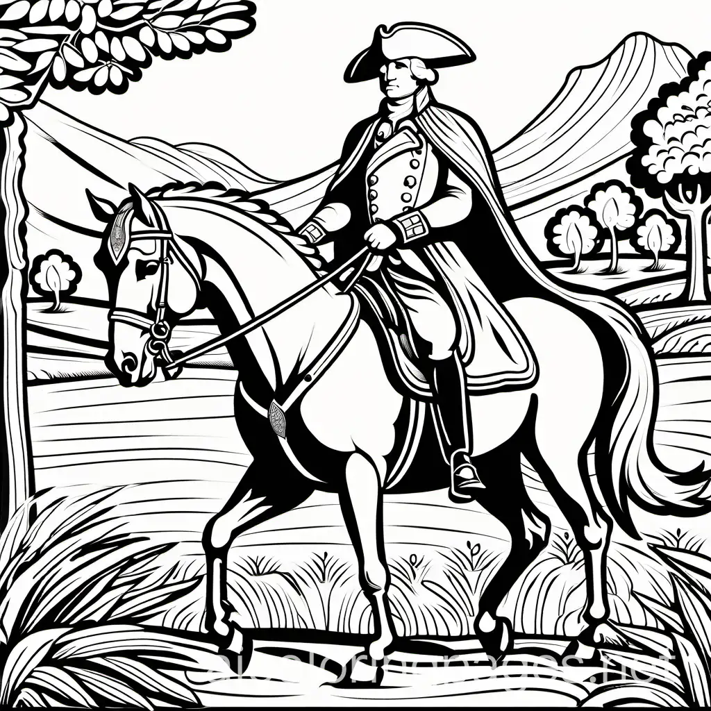 Creating a coloring book of American heroes, I will begin with General George Washington on horseback, the horse rearing up, and Washington with sword drawn, as if to say, “Charge!” Use linear etching to create values that the children can just color over, yet the end result will appear to have values., Coloring Page, black and white, line art, white background, Simplicity, Ample White Space. The background of the coloring page is plain white to make it easy for young children to color within the lines. The outlines of all the subjects are easy to distinguish, making it simple for kids to color without too much difficulty