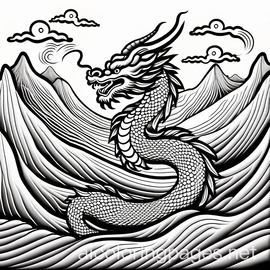 Chinese dragon on a mountain, Coloring Page, black and white, line art, white background, Simplicity, Ample White Space. The background of the coloring page is plain white to make it easy for young children to color within the lines. The outlines of all the subjects are easy to distinguish, making it simple for kids to color without too much difficulty