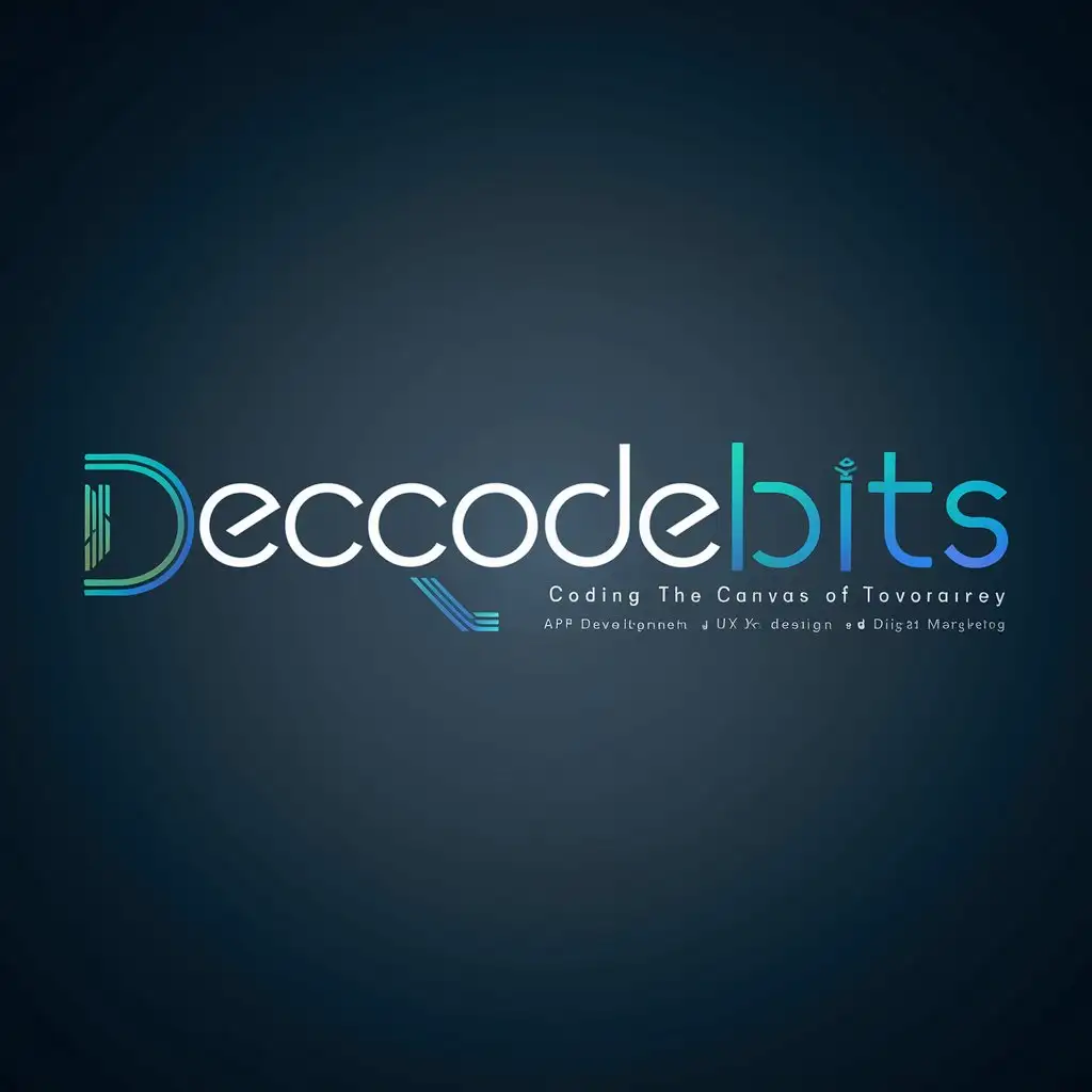 Design a wordmark logo for a company named "Decodebits" that specializes in AI/ML, IoT, app development, web development, UI/UX design, and digital marketing. The logo should reflect the company's innovative approach to technology and its focus on shaping the future. Use a modern and sleek font for the word "Decodebits", and ensure that it is easily readable. The color scheme should be professional and contemporary, with an optional accent color to highlight certain letters or elements.

Additionally, incorporate the slogan "coding the canvas of tomorrow" into the logo design. The slogan should complement the company's mission and convey its commitment to pushing the boundaries of technology.

The logo should be versatile and scalable, suitable for various applications including digital and print media. It should work effectively on both light and dark backgrounds, but for this prompt, focus on designing it for a blank background.
