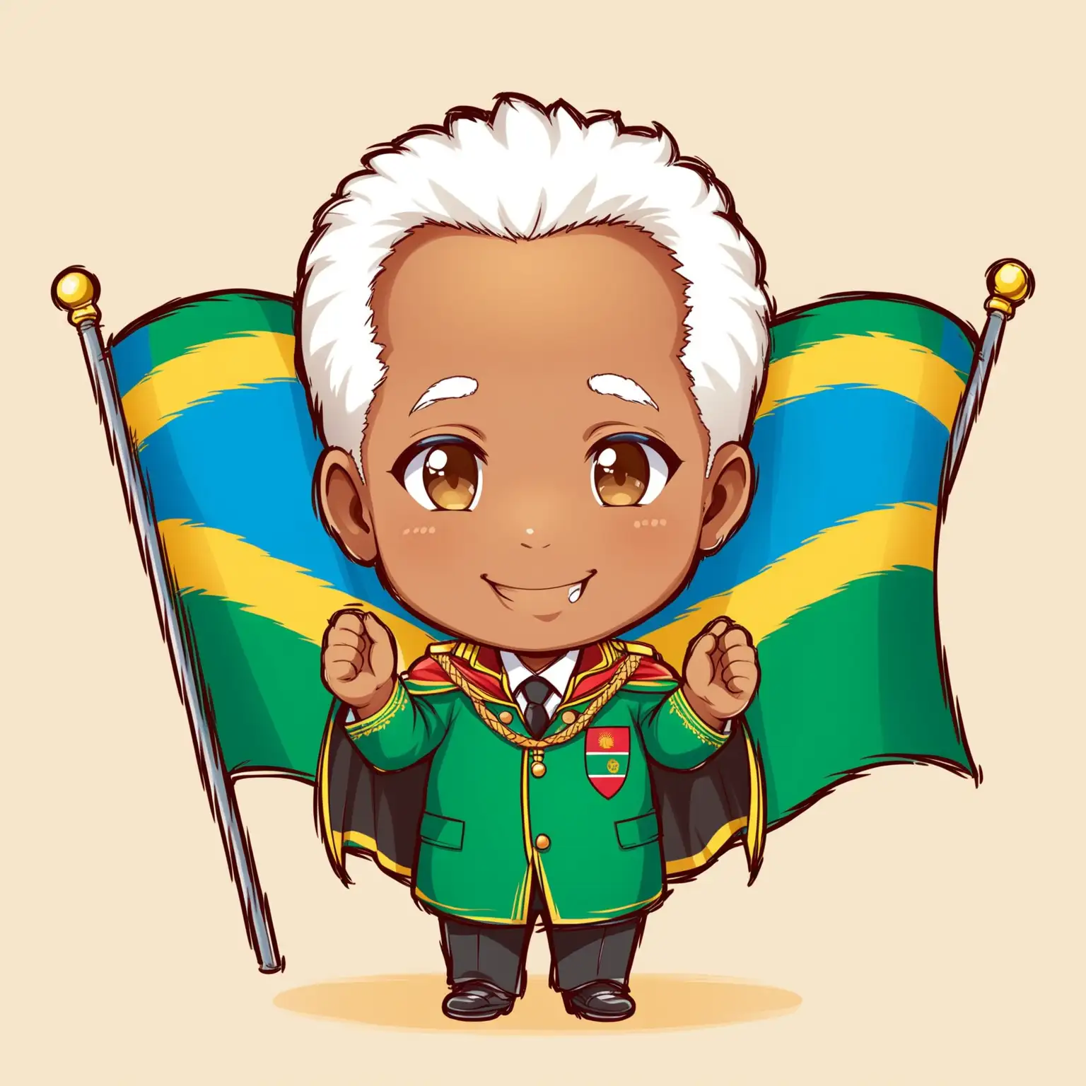 Create a professional illustratration Julius Nyerere in a chibis style, smiling, standing, with one of his hands up, wearing a tanzania flag cape. White background
Cartoon style.