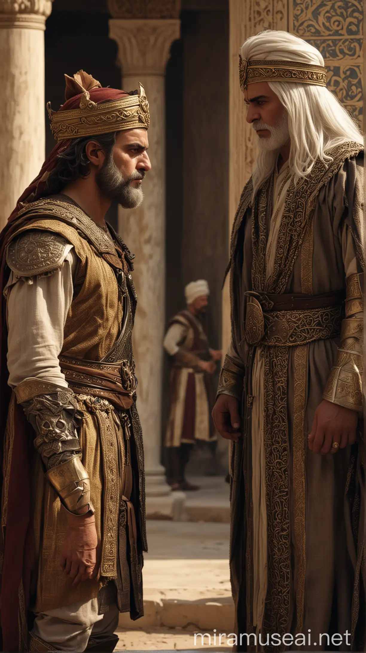 A tense standoff between Ephialtes and Xerxes, the Persian king considering the traitor's words with a mix of suspicion and intrigue. hyper realistic