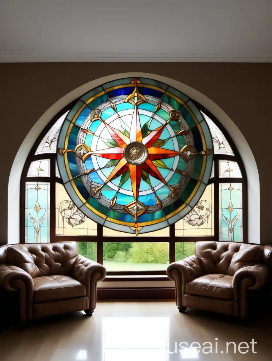Stained Glass Tiffany Window with Compass Rose in Art Nouveau Living Room