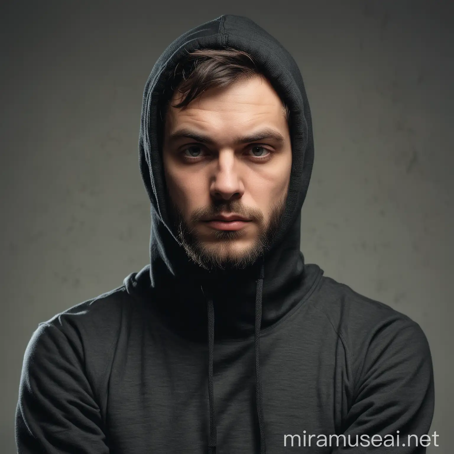 A serious man in a hoodie and a balaclava sits and looks forward