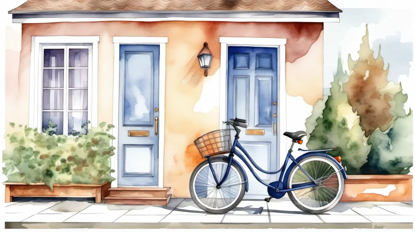 generate picture in watercolor style about bicycle in front of a house