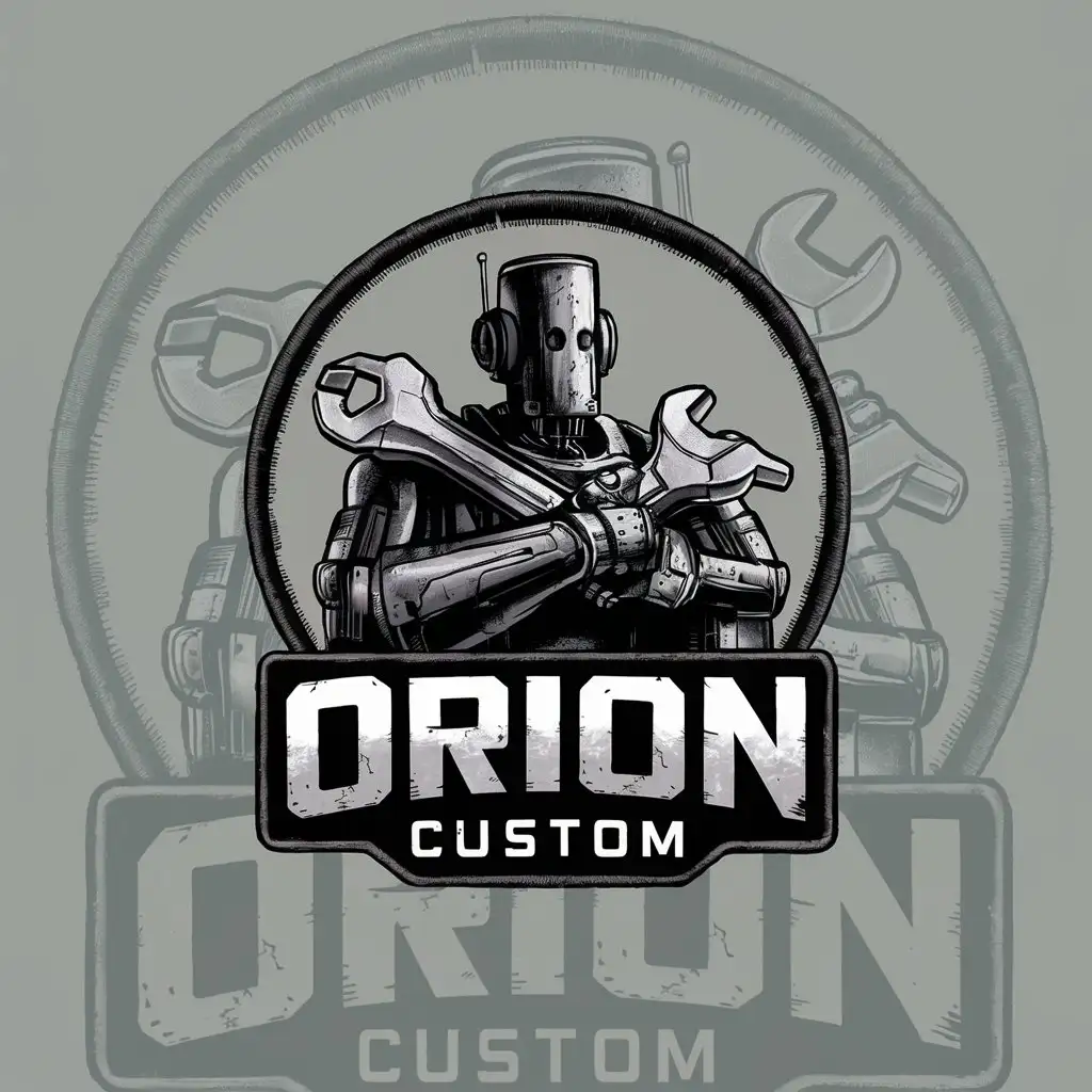a logo design,with the text "Orion Custom", main symbol:style patch circular post apocalypse with robot and weapon 'maintenance and upgrade',Moderate,clear background