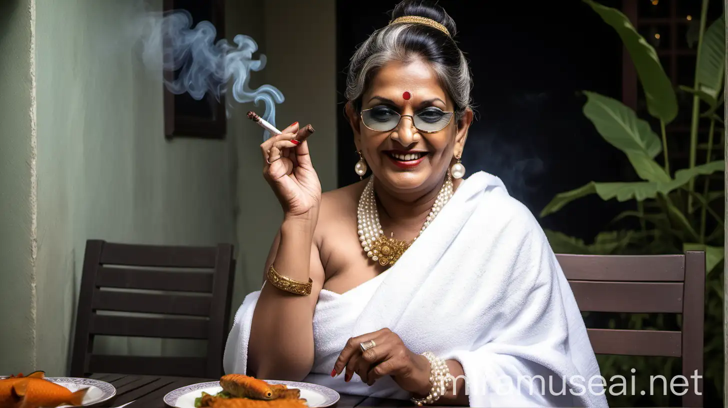 A indian mature  fat woman having big stomach age 49 years old attractive looks with make up on face ,binding her high volume hairs, Gajra Bun Hairstyle ,wearing metal anklet on feet and high heels, smoking a cigar  in her hand   , smoke is coming out from cigar  . she is happy and smiling. she is wearing pearl neck lace in her neck , earrings in ears, a power spectacles on her eyes and wearing  only a  white velvet  bath towel on her body. she is holding a big fish ,she is sitting infront of a dining table ,on dining table fish fry and rice plate and some fruits are there,  with many cats sitting in luxurious garden its morning time. show full body from top to bottom and show a long shot frame.
