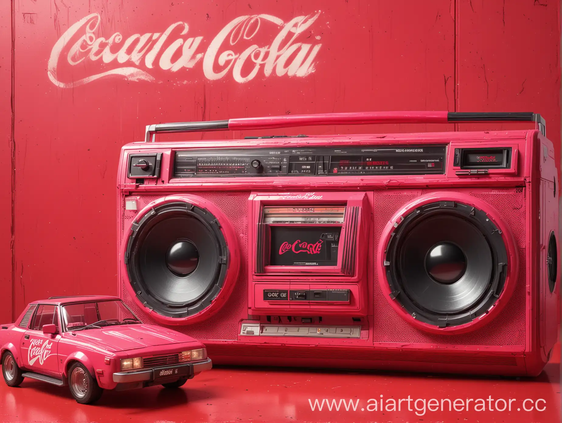 Nostalgic-1980s-Boombox-and-CocaCola-Poster-in-Vibrant-Pink-and-Red-Composition