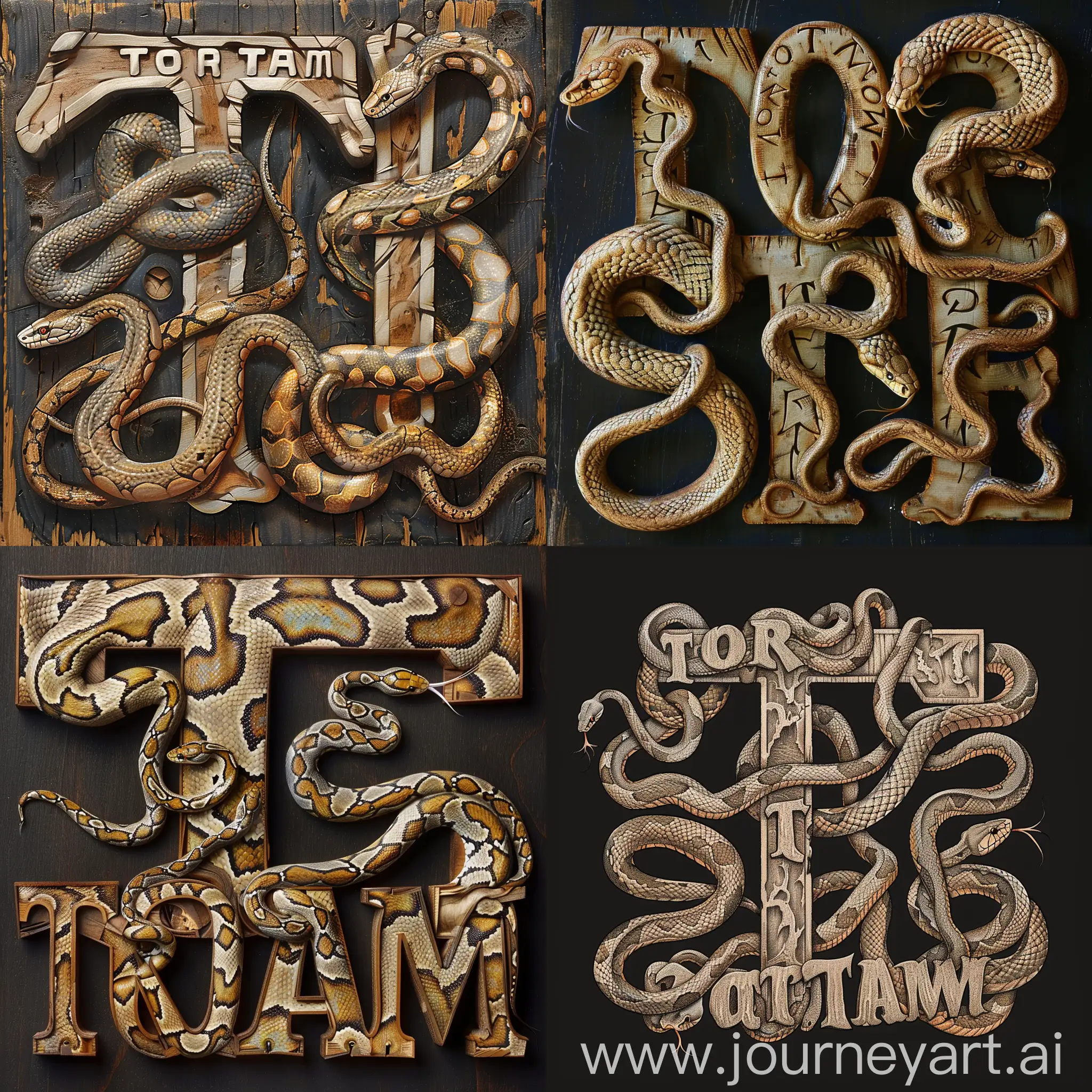 Сгенирируй изображение с надписью TorTam, где змеи обвивают буквы T одна первую букву, вторая четвертую