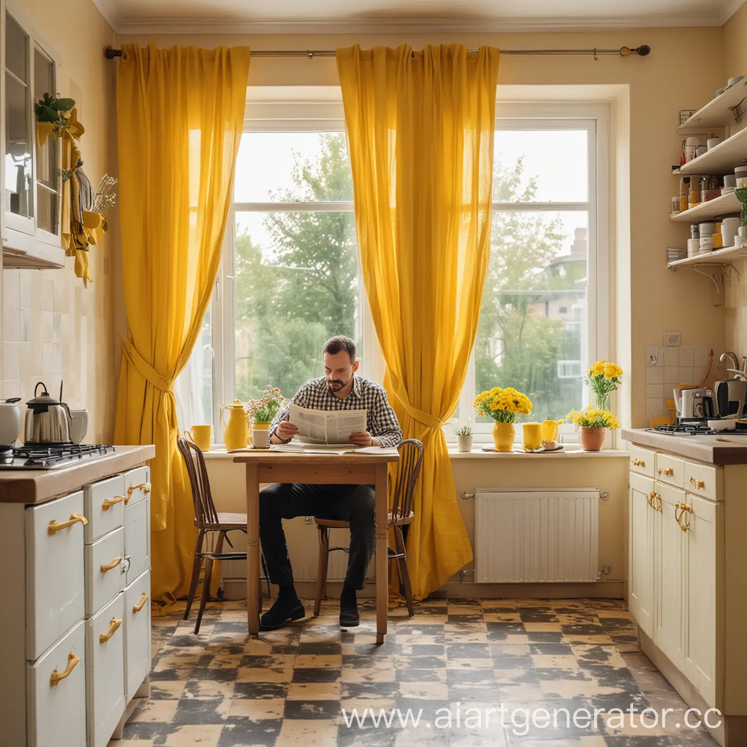 Реальная фотография. Мужчина сидит за столом на кухне читает газету и пьёт кофе. На кухне жёлтые занавески в белый горошек . На подоконнике цветы. Стены бежевые.