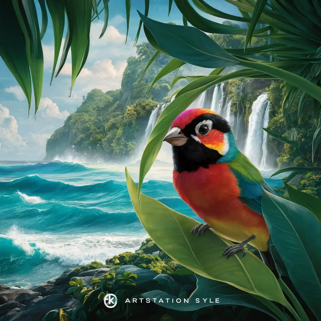 Um pássaro espiando por entre as folhas de uma planta, arte digital, tendência no Artstation, detalhado, oceano 4k hd, tropical, colorido, pacífico, colorido, vibrante. Uma enorme cachoeira será incrível. linda por Stanley Artgerm Lau