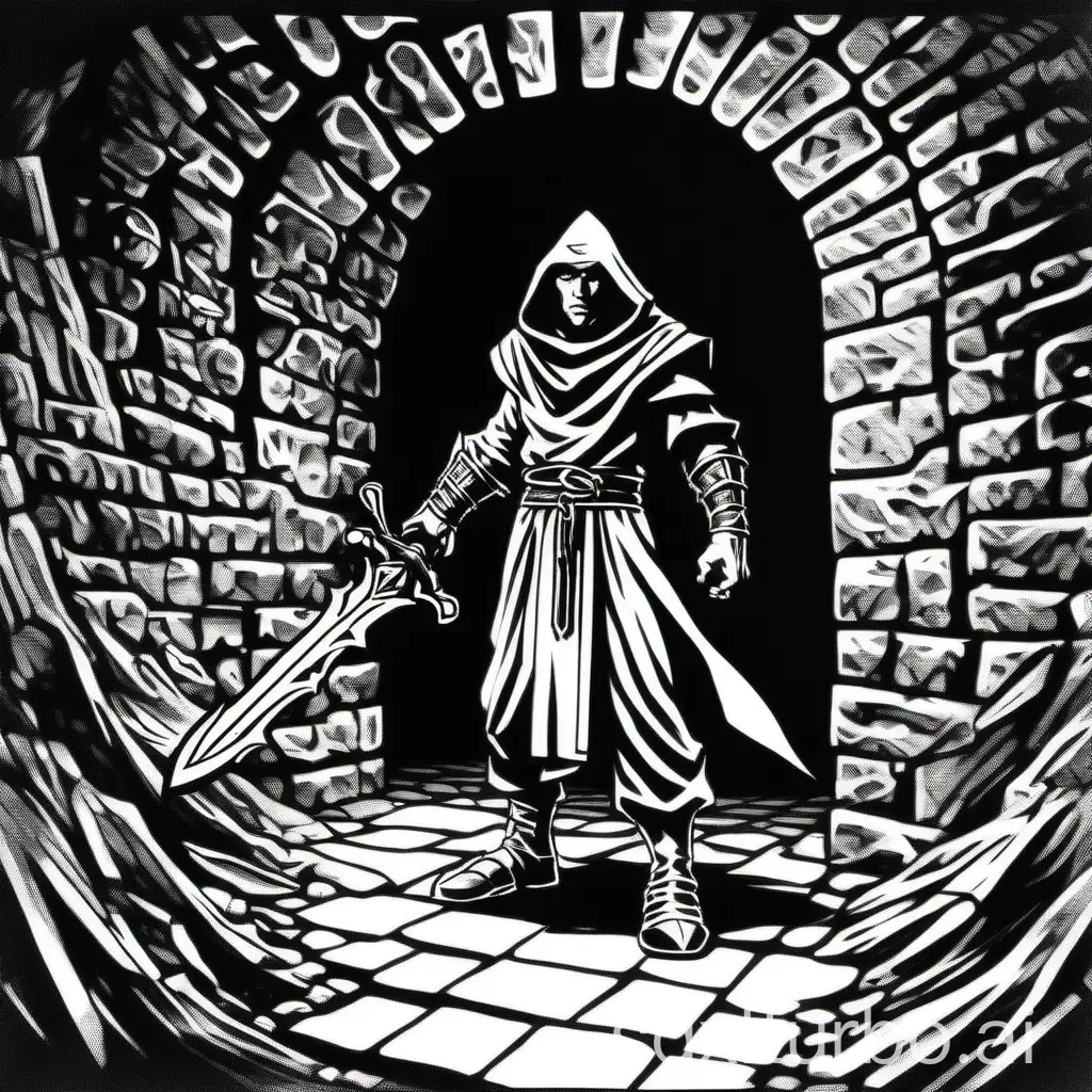 Warrior-Monk-in-Crypt-Tunnel-Retro-Dungeons-and-Dragons-1Bit-Marker-Art