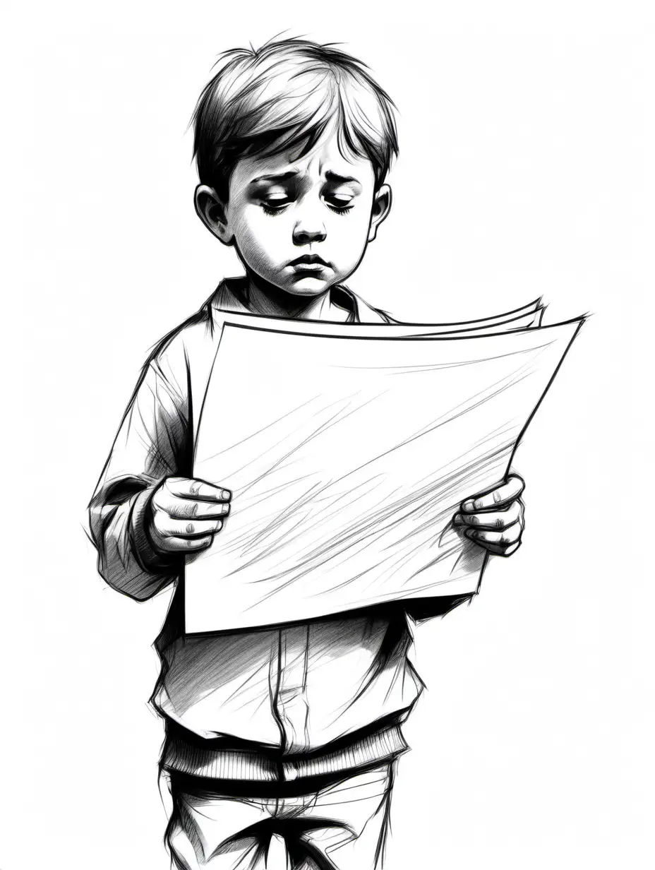Sad Little boy holding documents sketch.