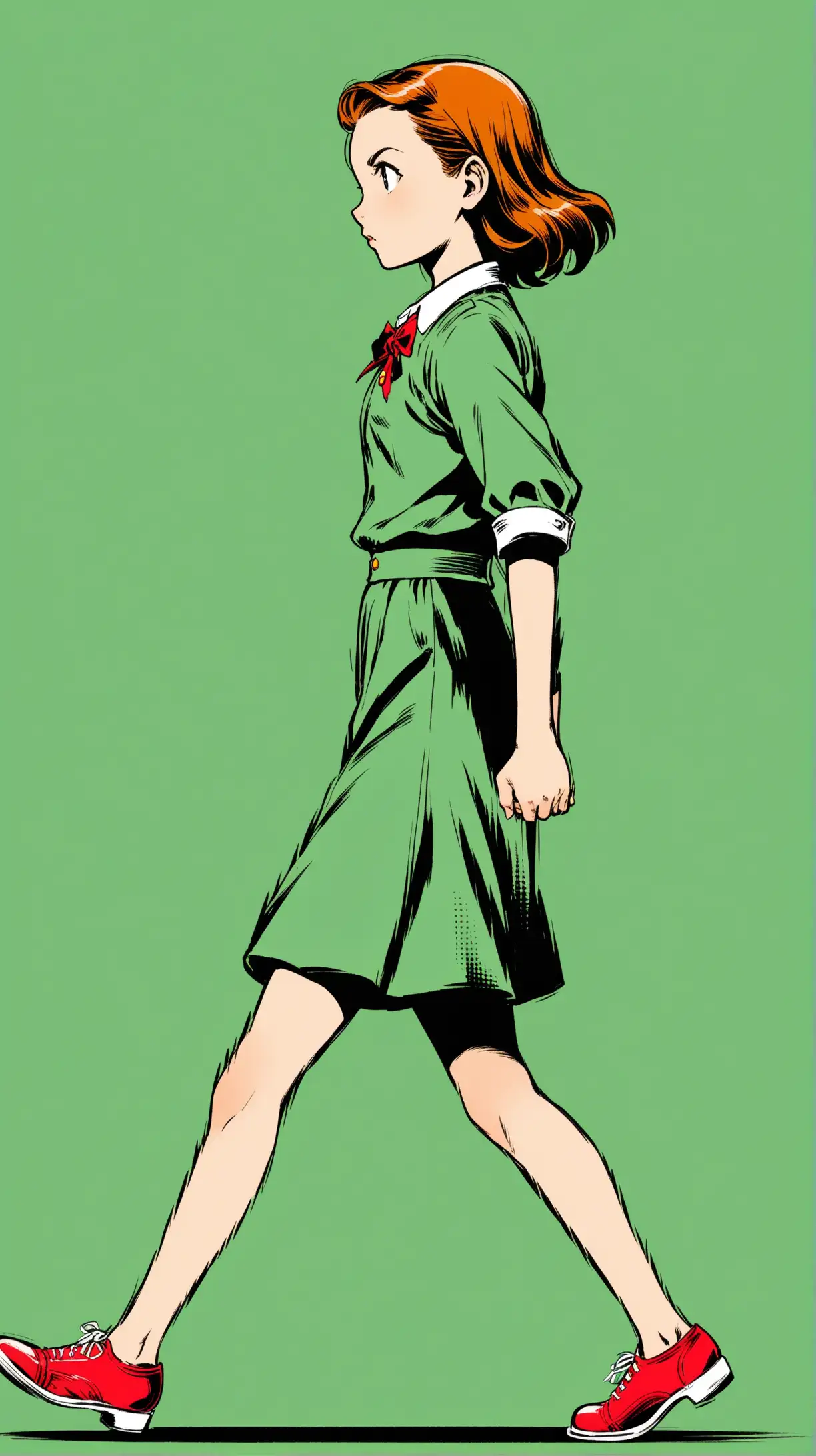 Comic book style. Full profile from the side.  A 1940s casually dressed intense looking, 12 year old girl, mid stride in a determined walk.  Full body. 