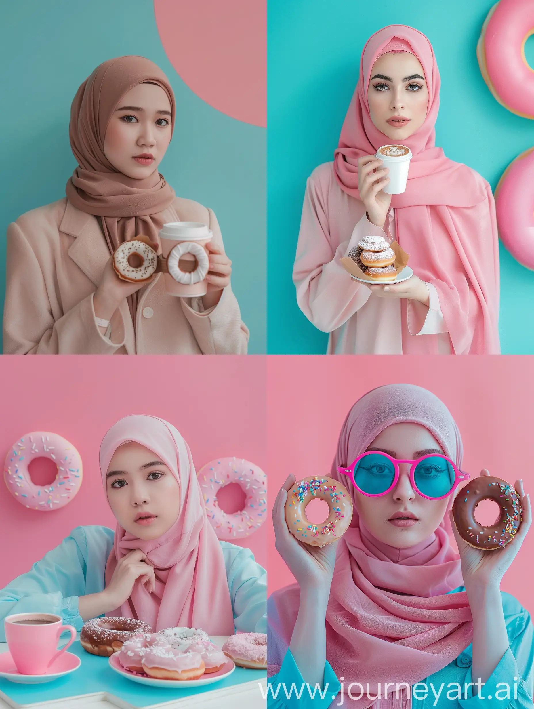 make a similar image without text, for a coffee shop application, with coffee and donuts and other pastries, let it be minimalistic and using pink and blue colors, the background in the same color, pink or blue, studio light, with a girl hijab model