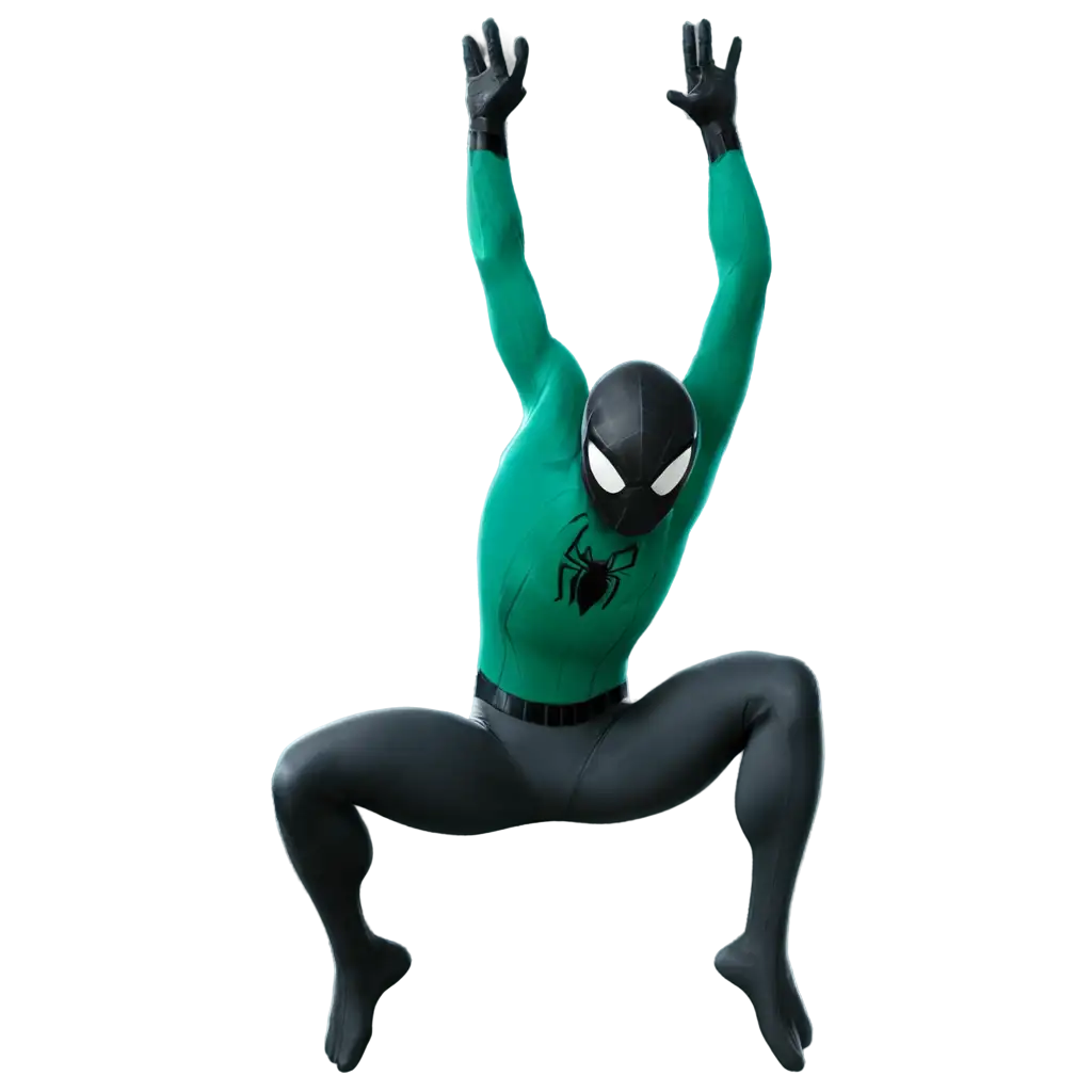 Hanging-Spiderman-PNG-Image-with-Bright-Seagreen-and-Dark-Gray-Clothes-No-Red-Color