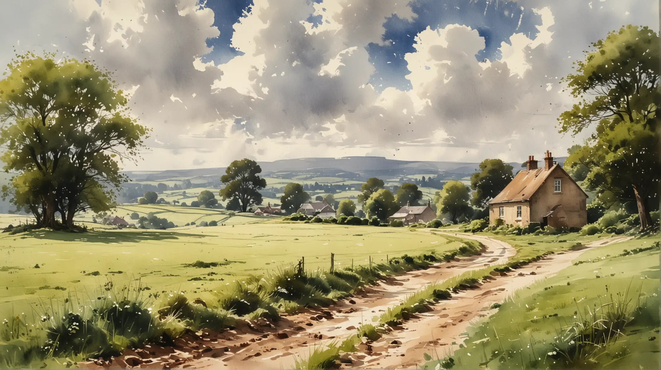 generate an English landscape in watercolor in Edward Seago style. The skies should be half sunny, half cloudy, the surface with grass, a small house in the distance, some trees, and a very small hill in the background