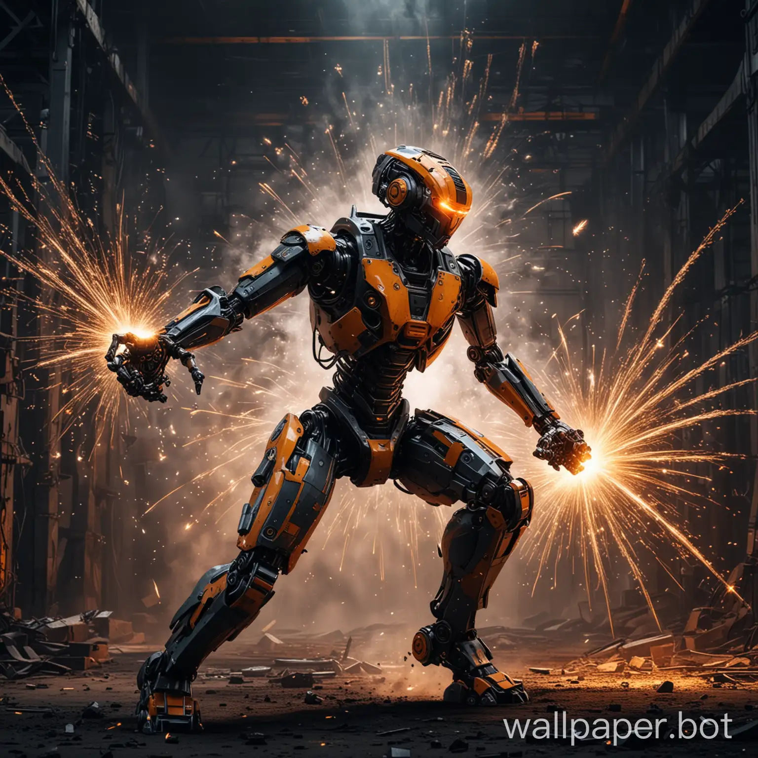 laser orange black style industrial with a robot ai in a epic pose combat with human half cyborg with in the backgroudn cutting and bending metal sheets and fireworks from metal 
