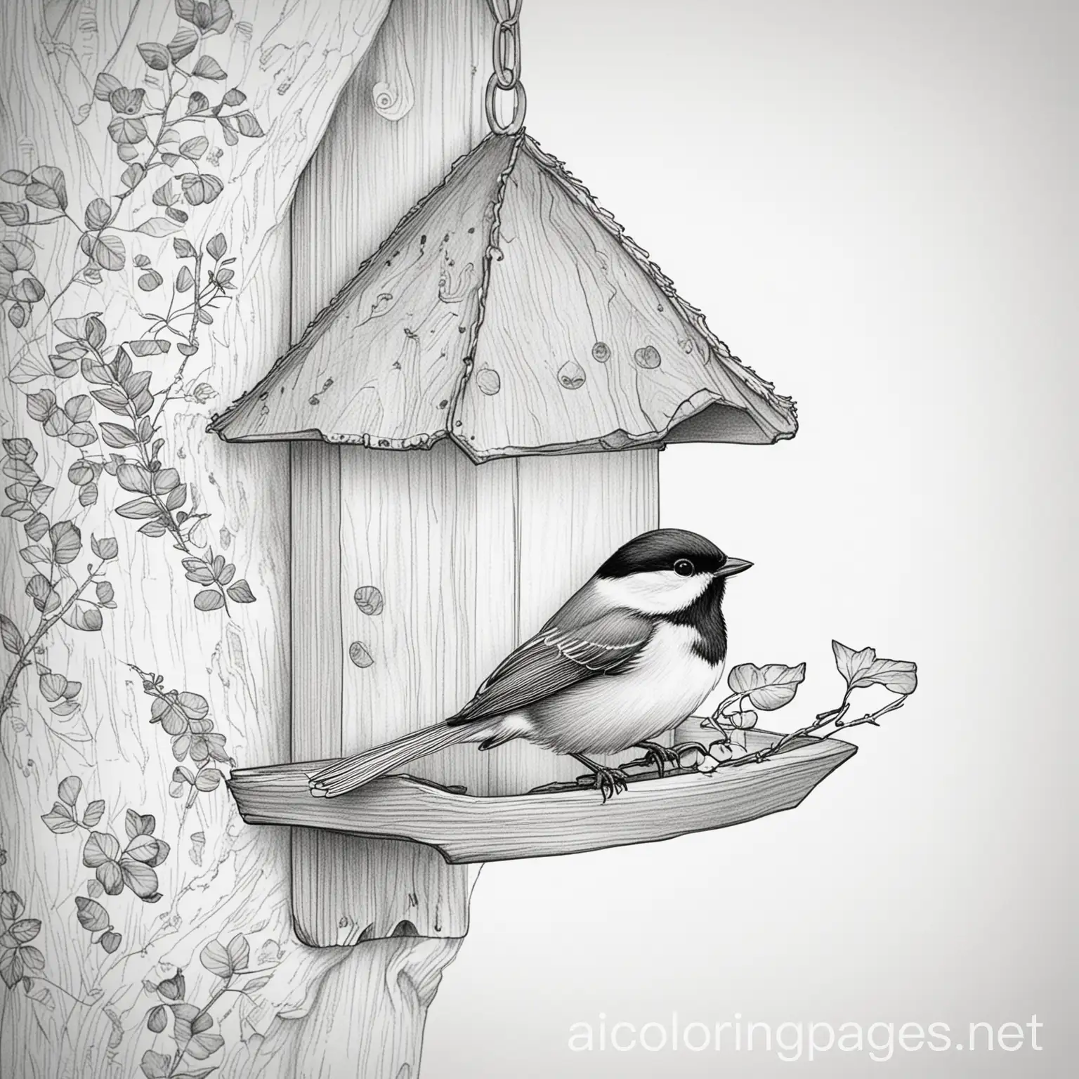  black caped chickadee on bird feeder

, black and white, fine lines, no shading, no colour, Coloring Page, black and white, line art, white background, Simplicity, Ample White Space. The background of the coloring page is plain white to make it easy for young children to color within the lines. The outlines of all the subjects are easy to distinguish, making it simple for kids to color without too much difficulty

