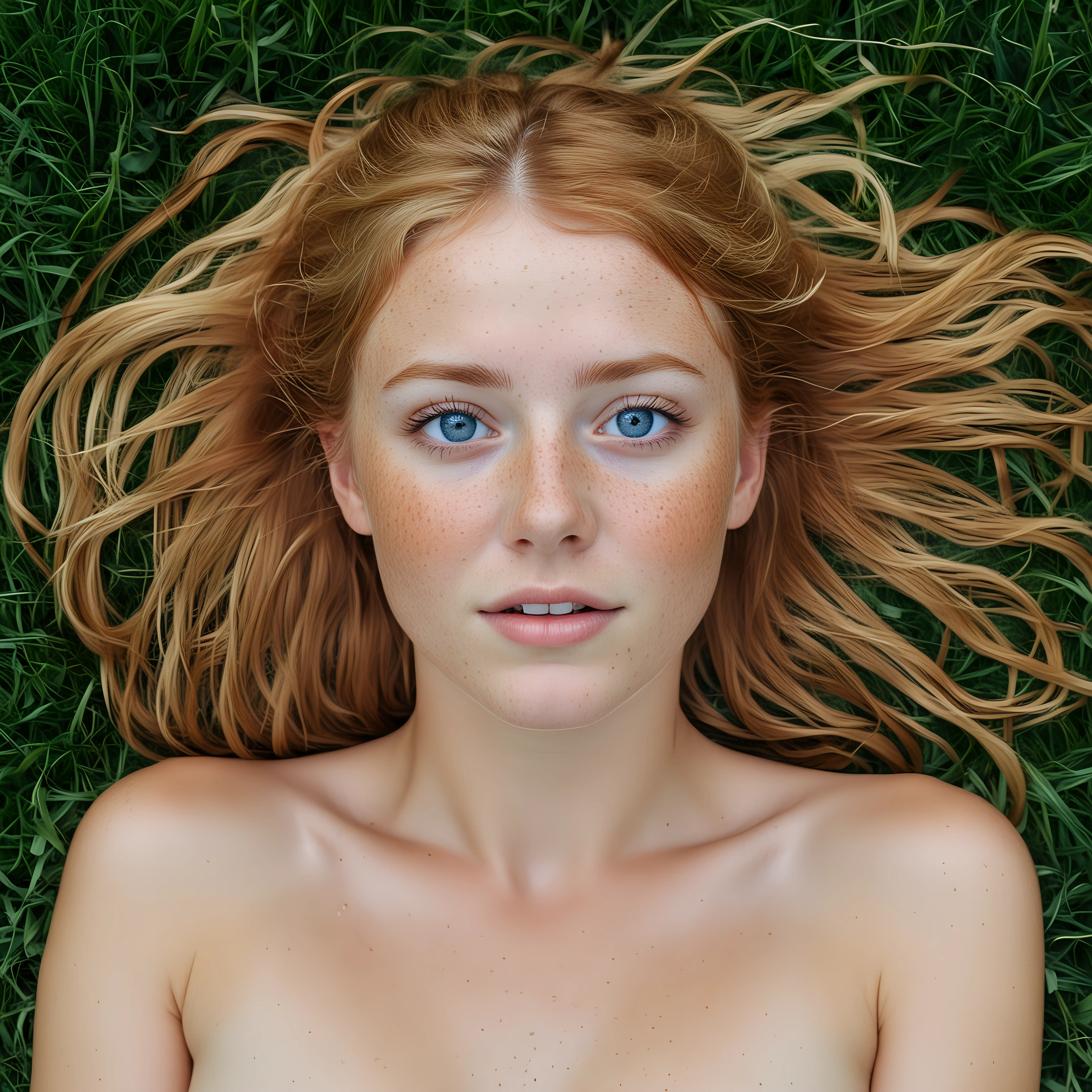 naked freckle face blonde blue-eyed girl laying on back in grass frightened look on her face