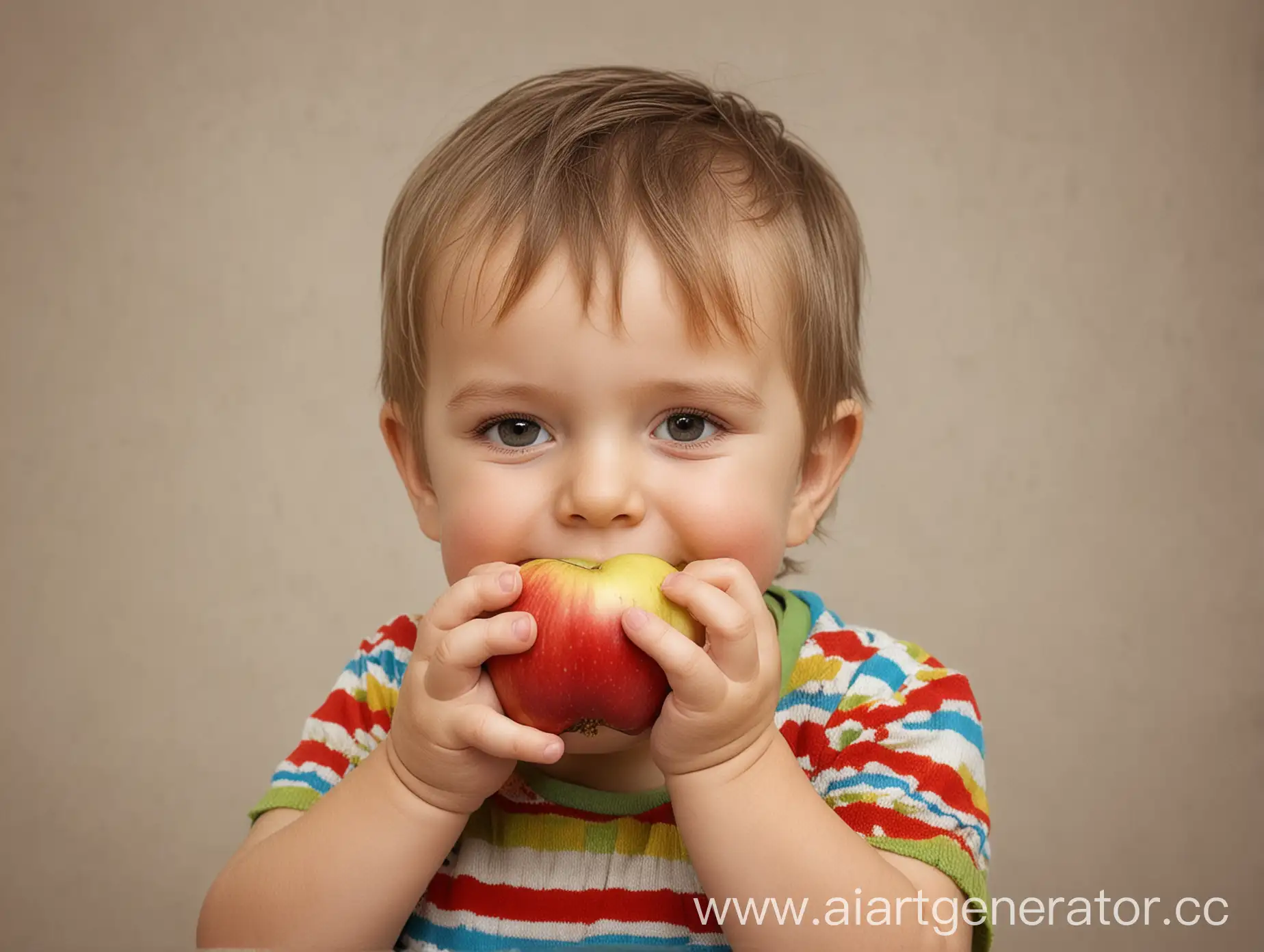 горизонтальное изображение, ребенок 3-5 лет, который ест яблоко