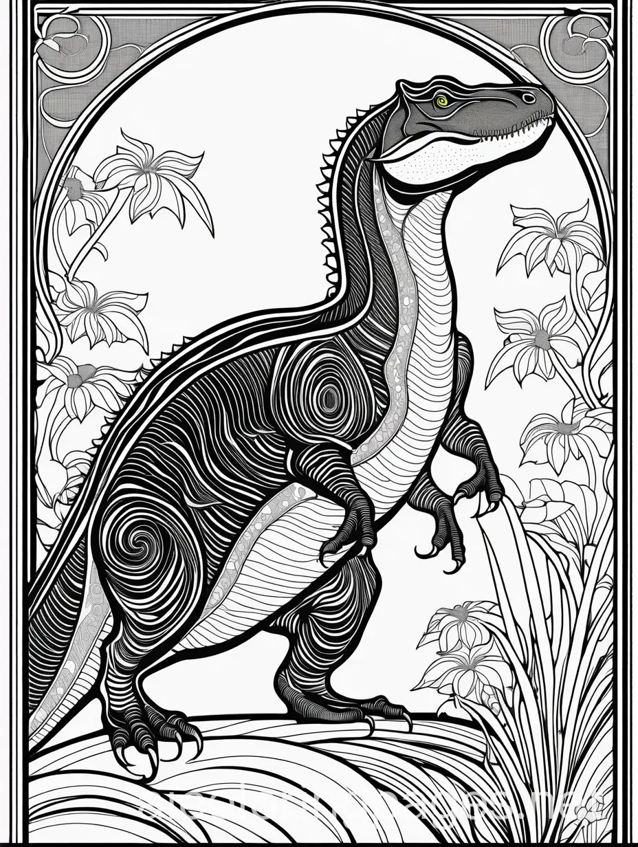 Art Nouvau ceratosaurus, styled by Aubrey Beardsley and Meghan Duncanson elegant extremely detailed intricate vibrant beautiful dynamic lighting high definition crisp quality Woodcut coherent graceful linocut, Coloring Page, black and white, line art, white background, Simplicity, Ample White Space. The background of the coloring page is plain white to make it easy for young children to color within the lines. The outlines of all the subjects are easy to distinguish, making it simple for kids to color without too much difficulty