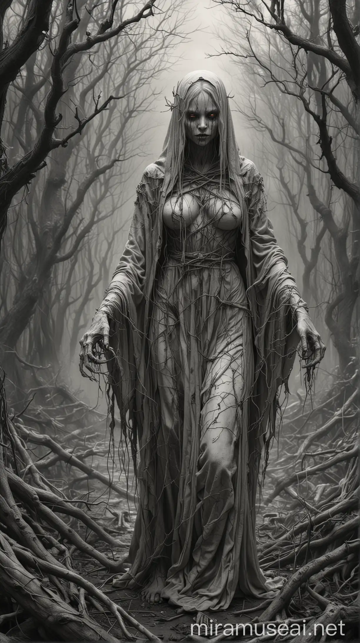 (masterpiece), image made as sketch pencil, best quality, hyper realistic,3d, a lot of  details,hell, dirty style, art sketch, Lady Midday ghost demon with robe of branches, going in mistical foogy doomed forest