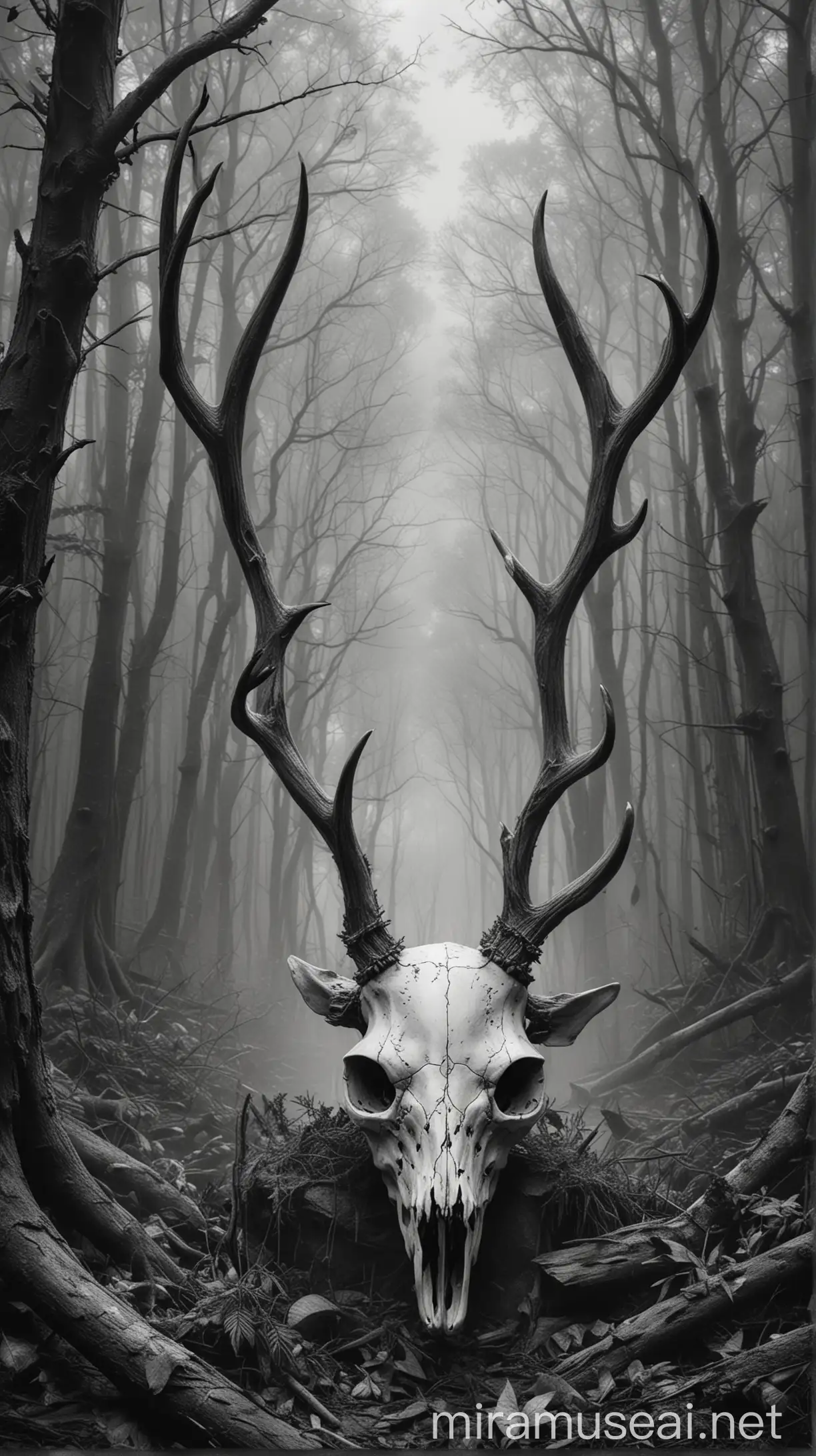 deer skull art made with black and white sketch in gloomy foggy dark forest