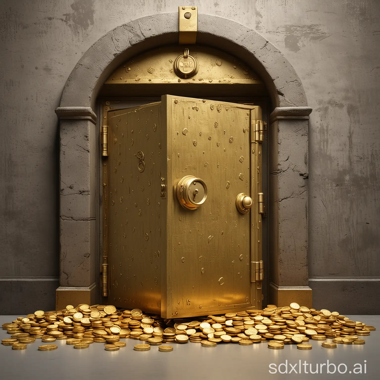 Vault with closed door with many gold coins in front, drawn.