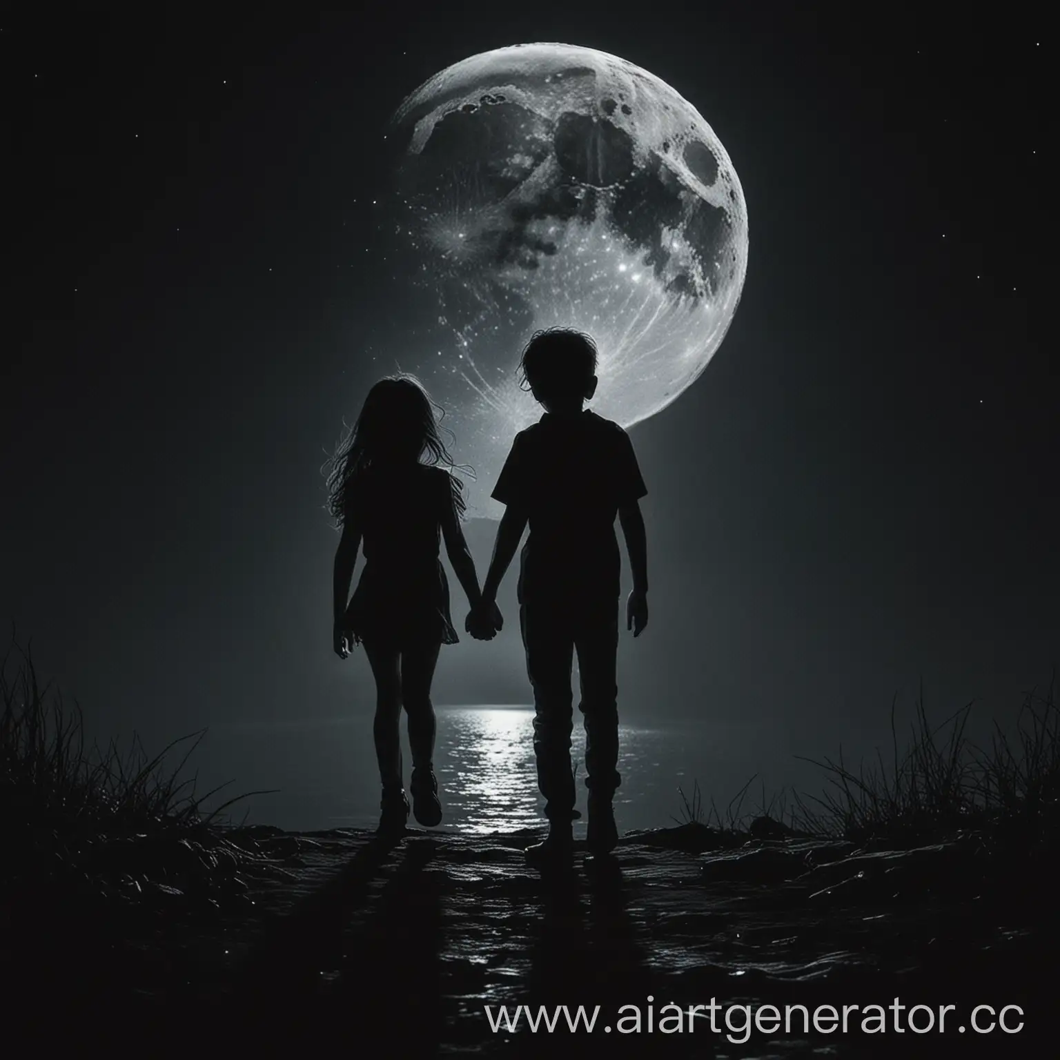 boy and girl in dark black night moon