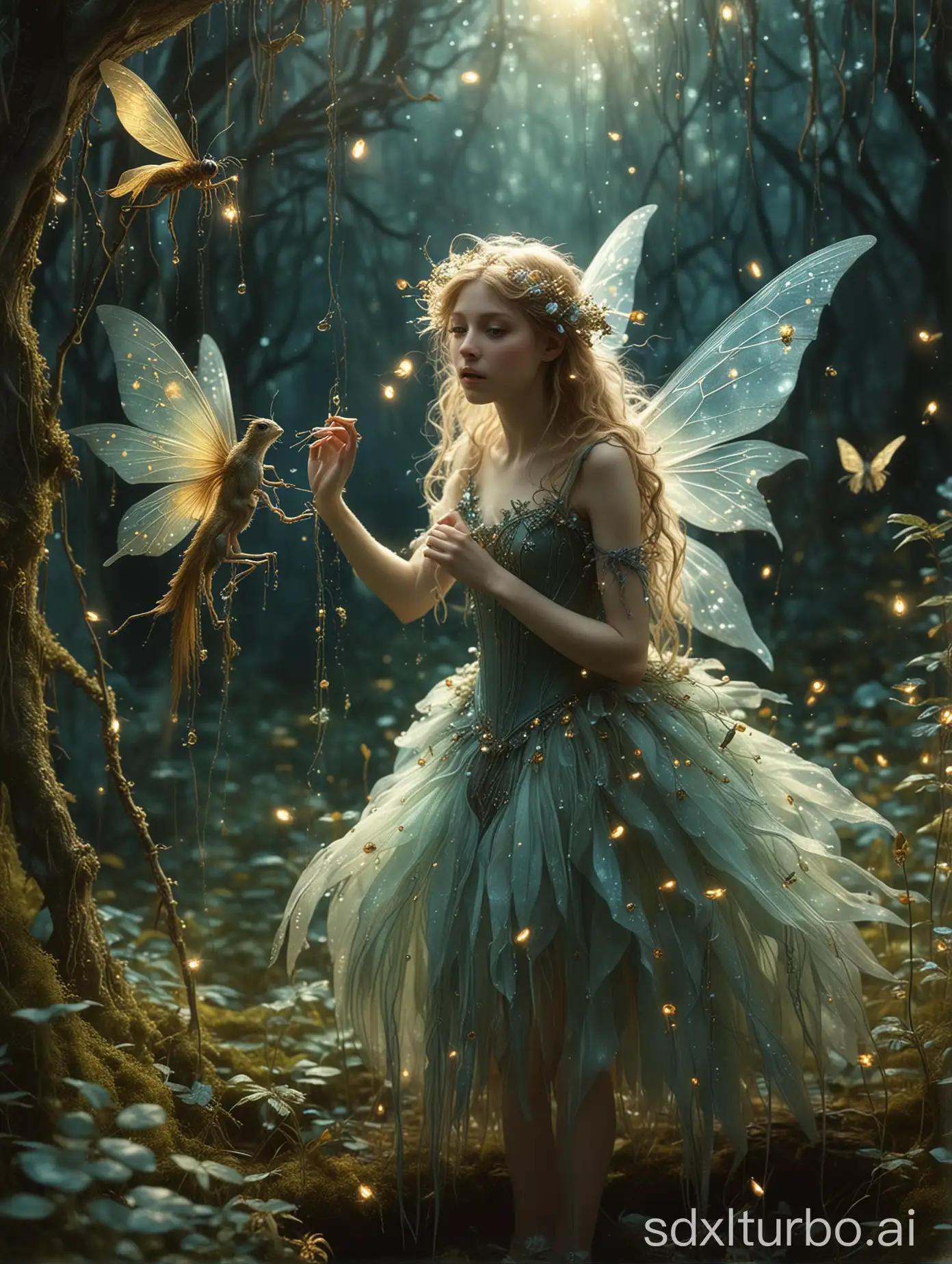 Surreal whimsical fairies and eerie creatures occupy a dreamlike atmosphere in a close-up photograph, intricate details and magical lighting enhancing their ethereal presence, fantasy concept art by Brian Froud and Alan Lee with vibrant colors, mystical ambiance, shot on Kodak Gold 400, 8k resolution, fairy dust, fireflies