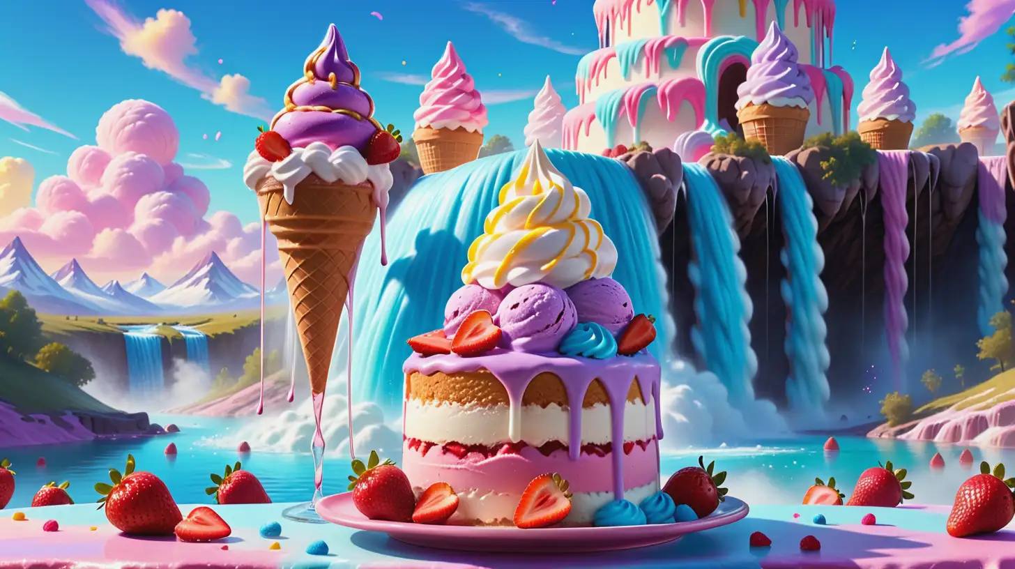 Strawberry Sundae and a Whimsical ice cream waterfall. Surrounding a magical ice cream cake and river with whip cream clouds and waterfalls. Purple. Blue. 8K. bright-yellow, and blue sky with cotton-candy clouds.