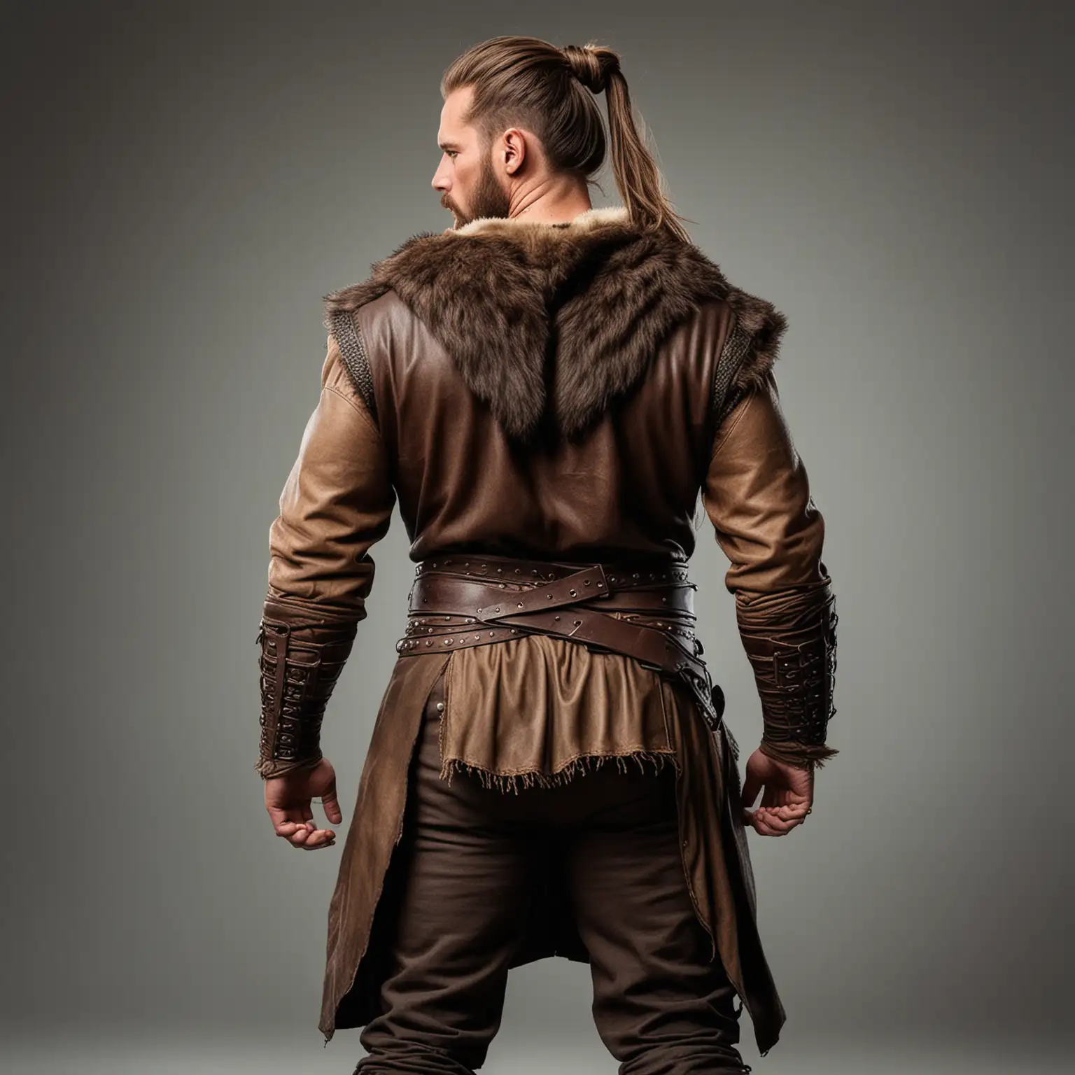 muscular viking warrior, back view, showing no face, hair tied high man bun, brown hair, full body, warrior clothes with pants, leather sleeves, well proportioned, fur shawl and fur sleeves
