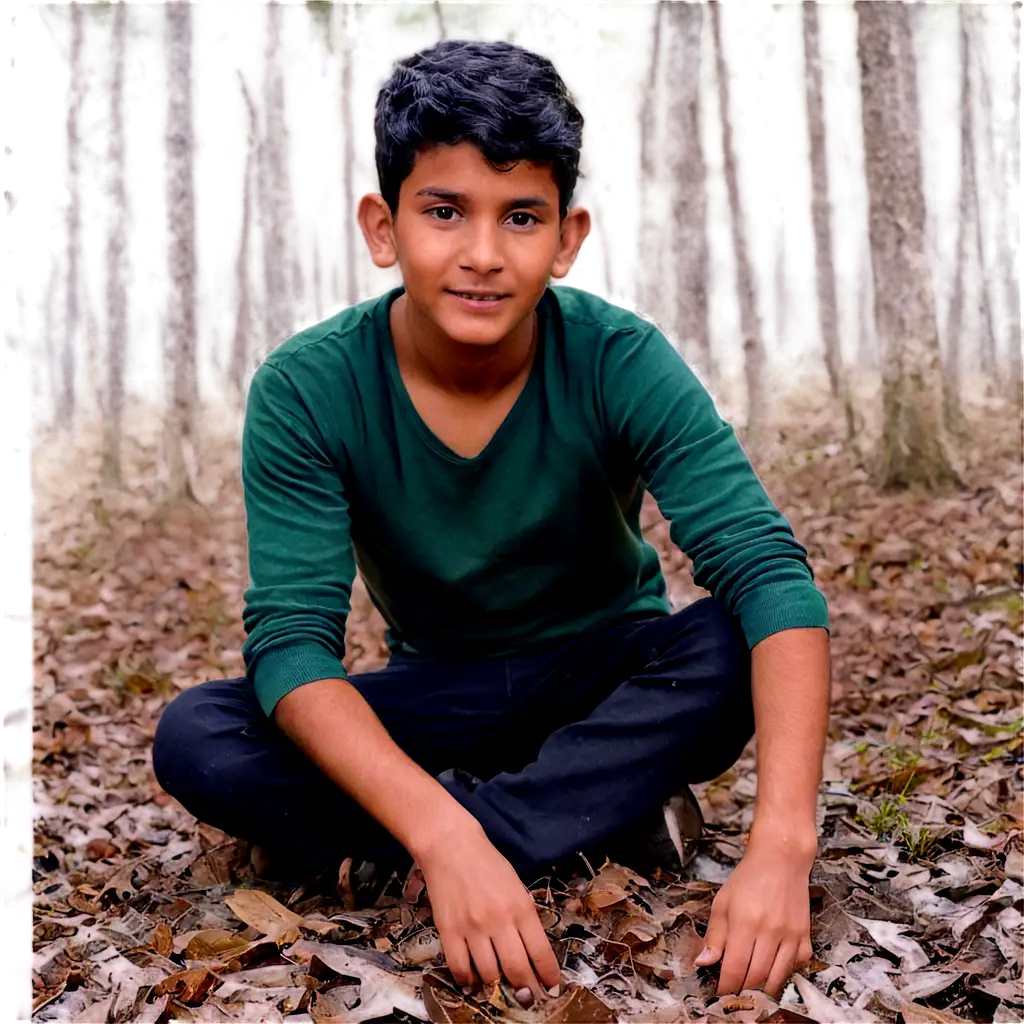 Bangladeshi-Boy-Sitting-in-a-Forest-Captivating-PNG-Image-Illustrating-Serenity-and-Natures-Beauty