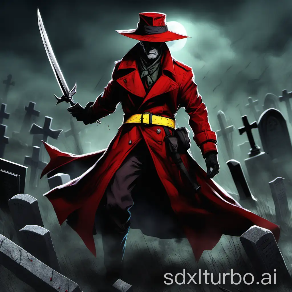 an old blood hunter, wearing a red trenchcoat, a big red hat, yellow belt, fights with a dual-blade and has scars over half his face, no eyebrows, on a graveyard