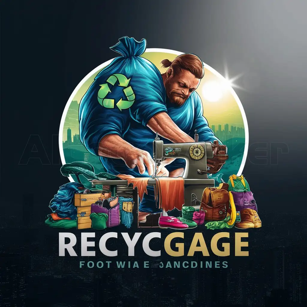 a logo design,with the text "ECO-MODE", main symbol:a giant WITH A garbage bag on his back decorated with the symbol of recycling, taking out of the garbage bag and sewing it on a sewing machine and that from what he is cooking comes a kind of rainbow of clothes, earrings, handles, shoes straps and that in front you can see a dark city and in the back of the giant you can see a luminous landscape,  Green & Tail ,complex,be used in Others industry,clear background