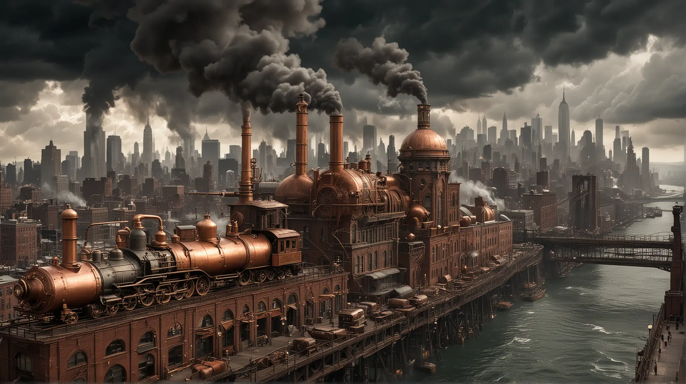 the steampunk version of New York, copper, brass, steel, steam, smoke, stormy weather