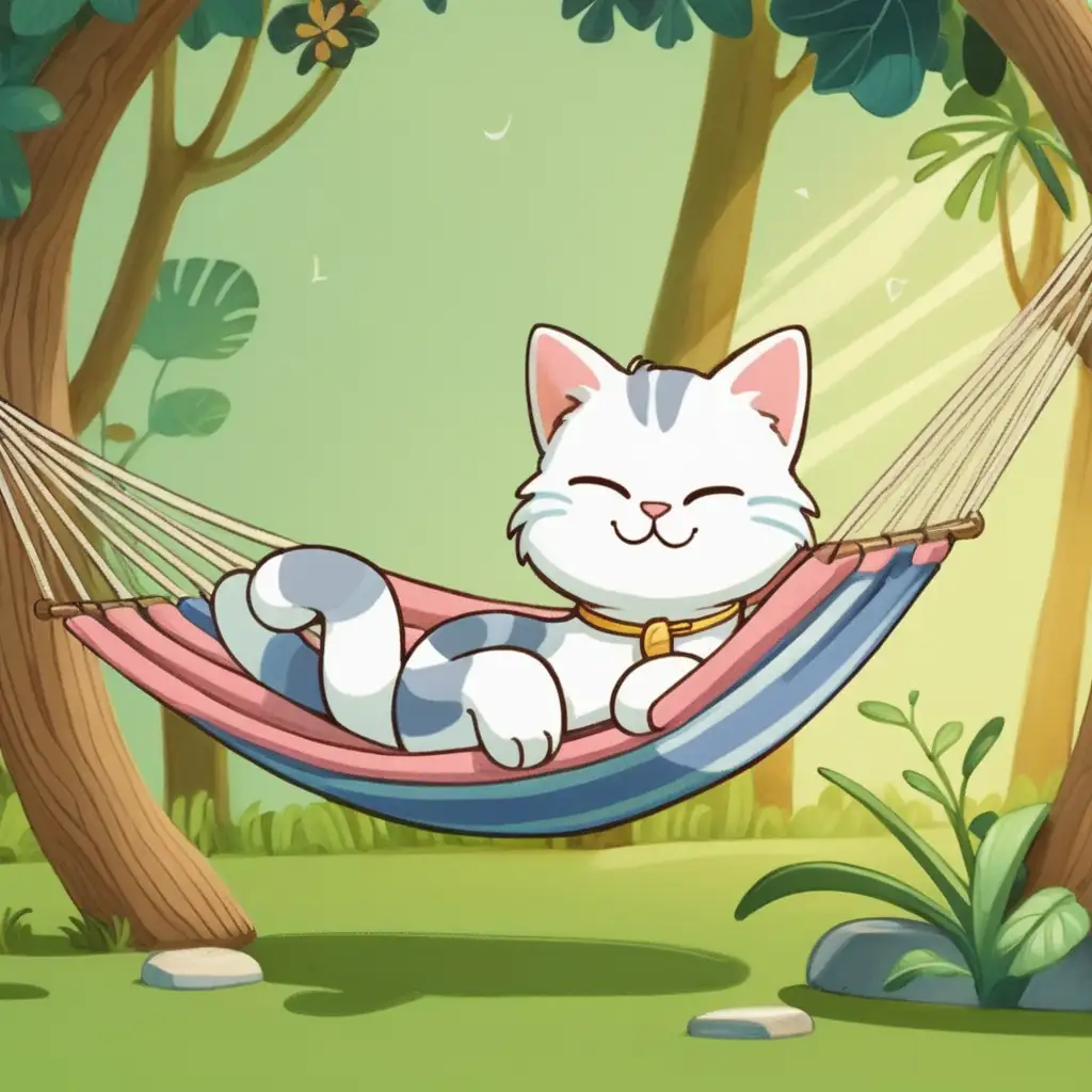 Cute Cartoon Cat Relaxing in a Colorful Hammock