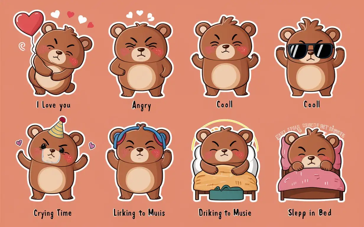 Please create a sticker set for signal/telegram or other messenger. A sticker set has an illustration for each feeling or occassion, like *i love you*, *angry*, *confused*, *cool*, *crying*, *party-time*, *drinking coffee and being tired*, *listening to music*, *sleep in bed*, *pray*, *hugging*. The character for the sticker set should be a cute bear.