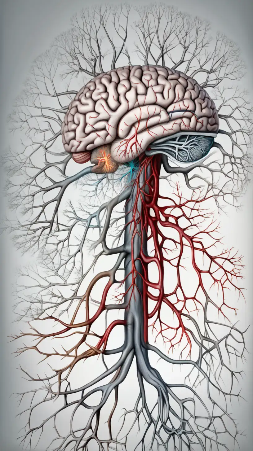 a drawing of a brain on a branch, nervous system, nerve system, visible nervous system, with arteries as roots, neuron, nerve cells, rhizomatic network, root system, immortal neuron, neuron dendritic monster, human circulatory system, blood vessels, grey matter and neurons, axon, dense web of neurons firing